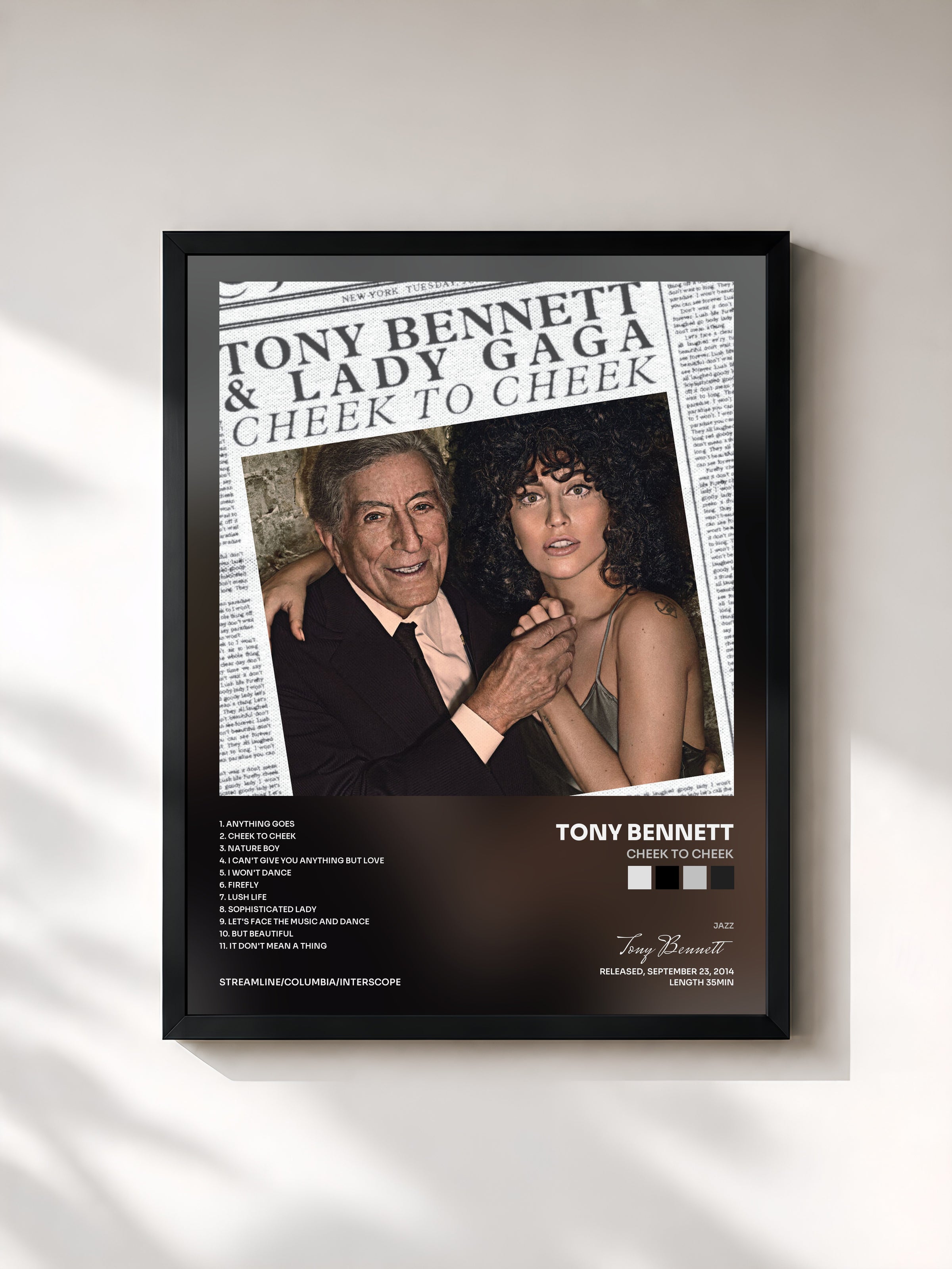 #noir Tableau de l'album Cheek To Cheek de Tony Bennett, cadre noir, imprimé et encadré en France