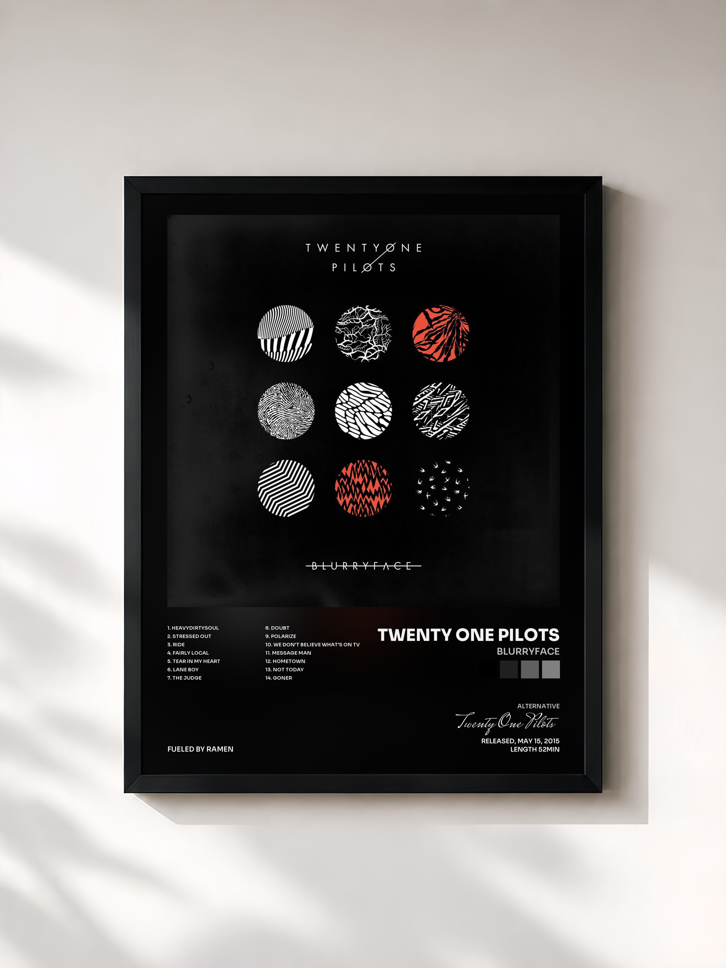 #noir Tableau de l'album Blurryface de Twenty One Pilots, cadre noir, imprimé et encadré en France