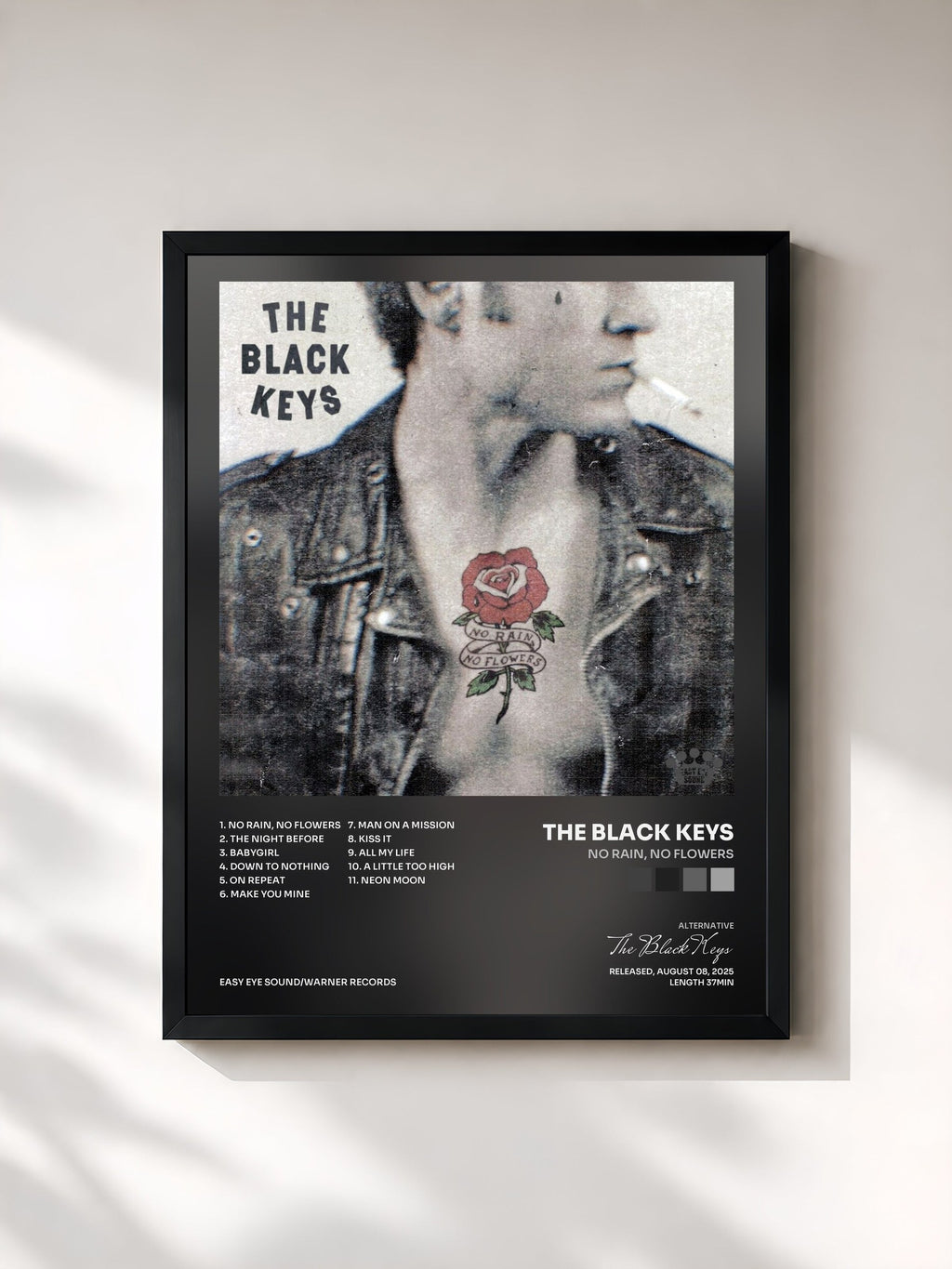 #noir Tableau de l'album No Rain, No Flowers de The Black Keys, cadre noir, imprimé et encadré en France