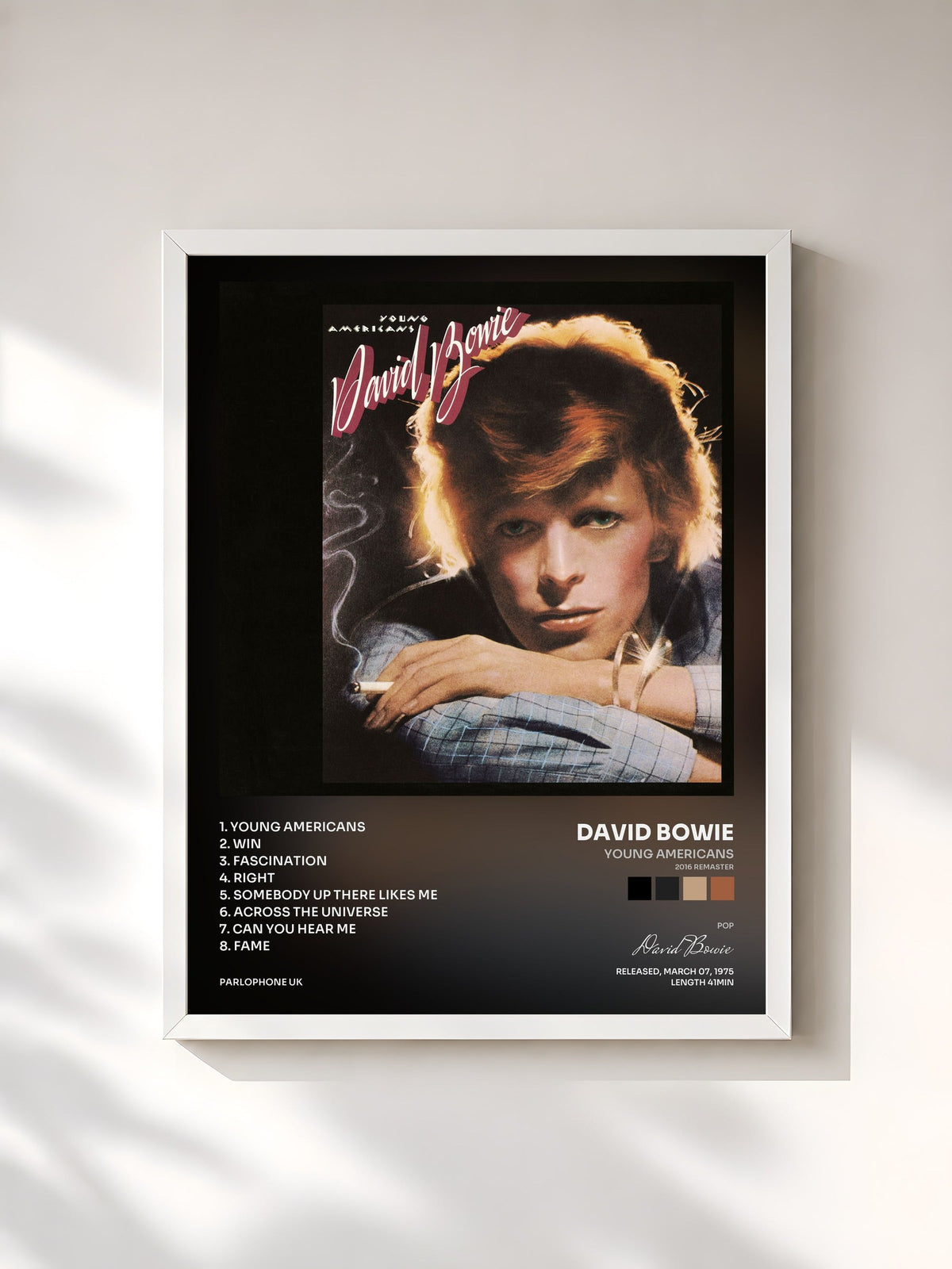 #blanc Tableau de l'album Young Americans (2016 Remaster) de David Bowie, cadre blanc, imprimé et encadré en France
