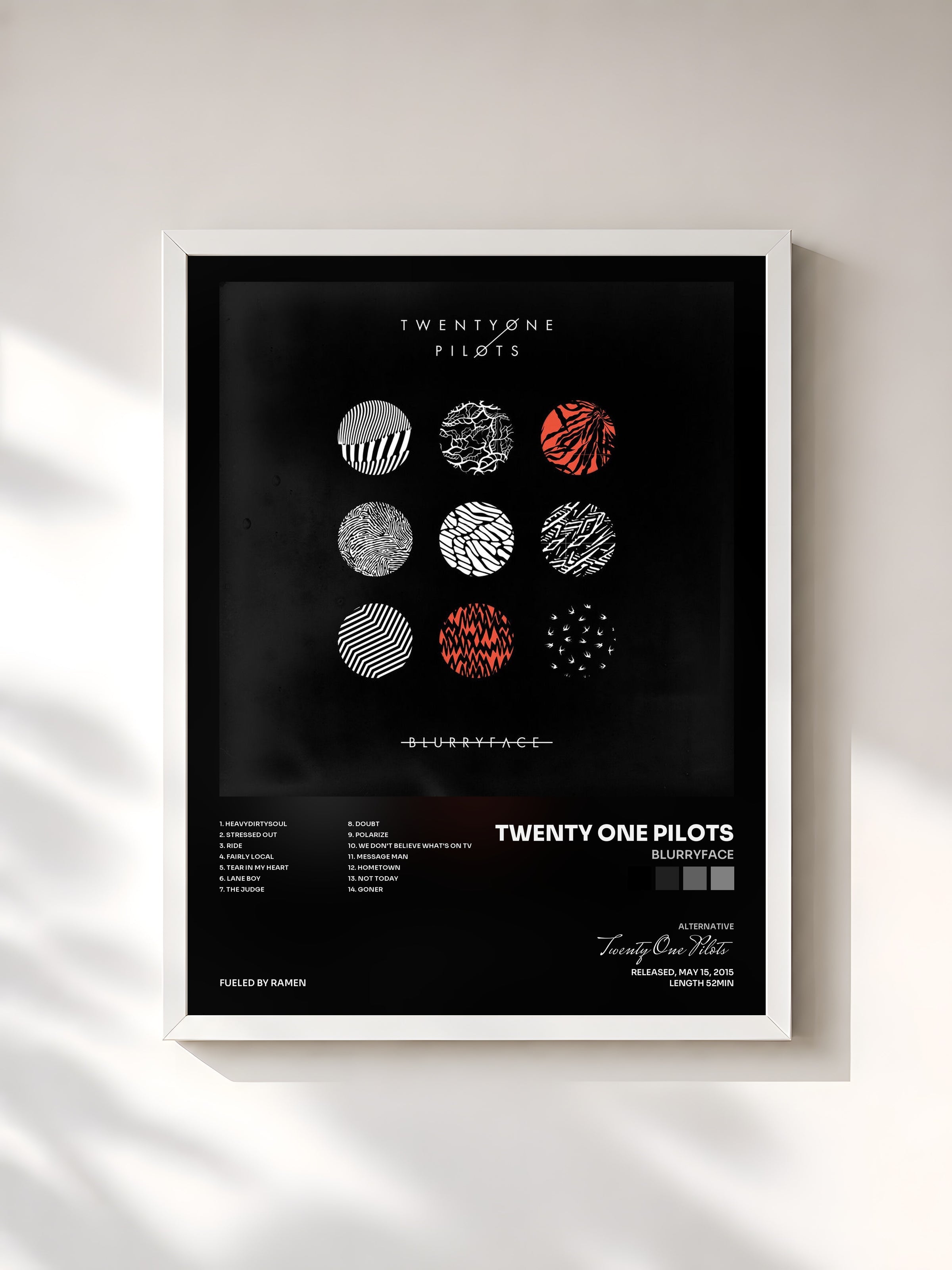 #blanc Tableau de l'album Blurryface de Twenty One Pilots, cadre blanc, imprimé et encadré en France