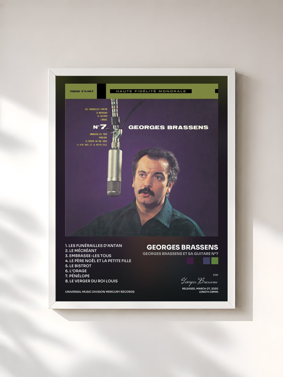 #blanc Tableau de l'album Georges Brassens et sa guitare N°7 de Georges Brassens, cadre blanc, imprimé et encadré en France