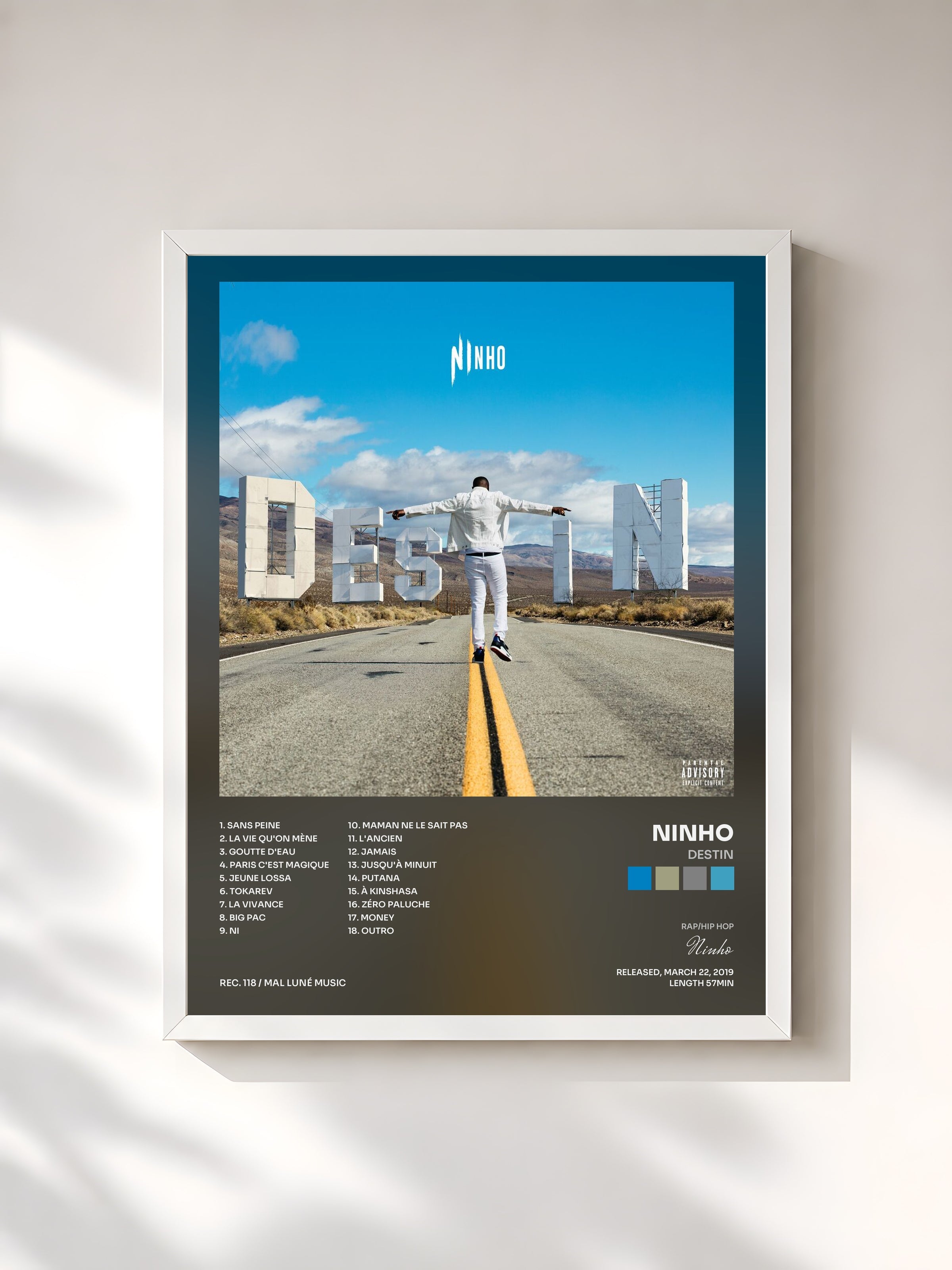 #blanc Tableau de l'album Destin de Ninho, cadre blanc, imprimé et encadré en France