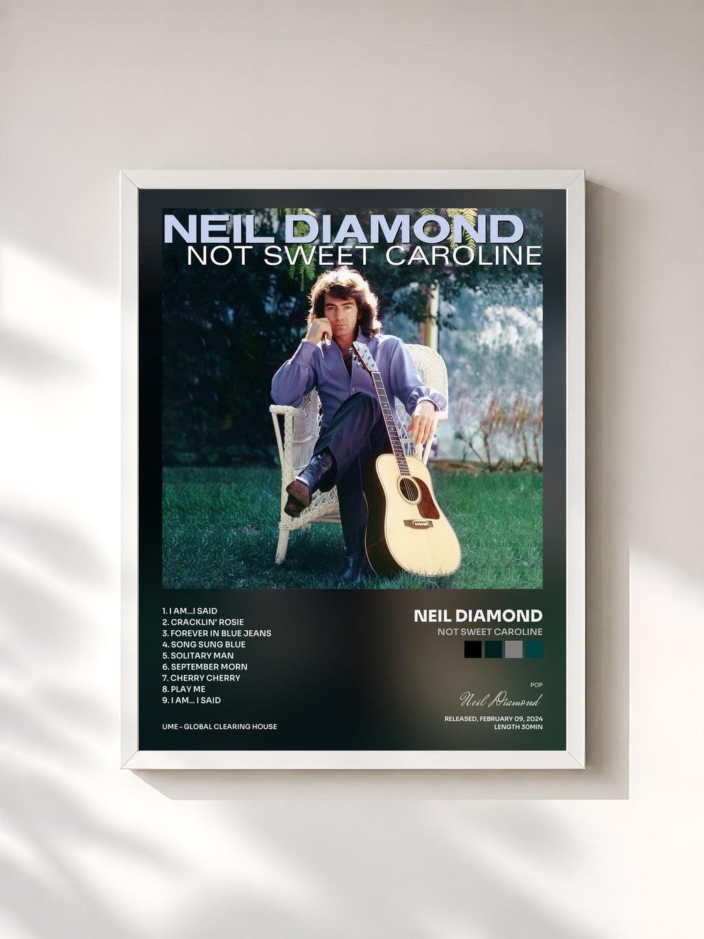 #blanc Not Sweet Caroline di Neil Diamond in stampa incorniciata, cornice bianca, stampata e incorniciata in Francia