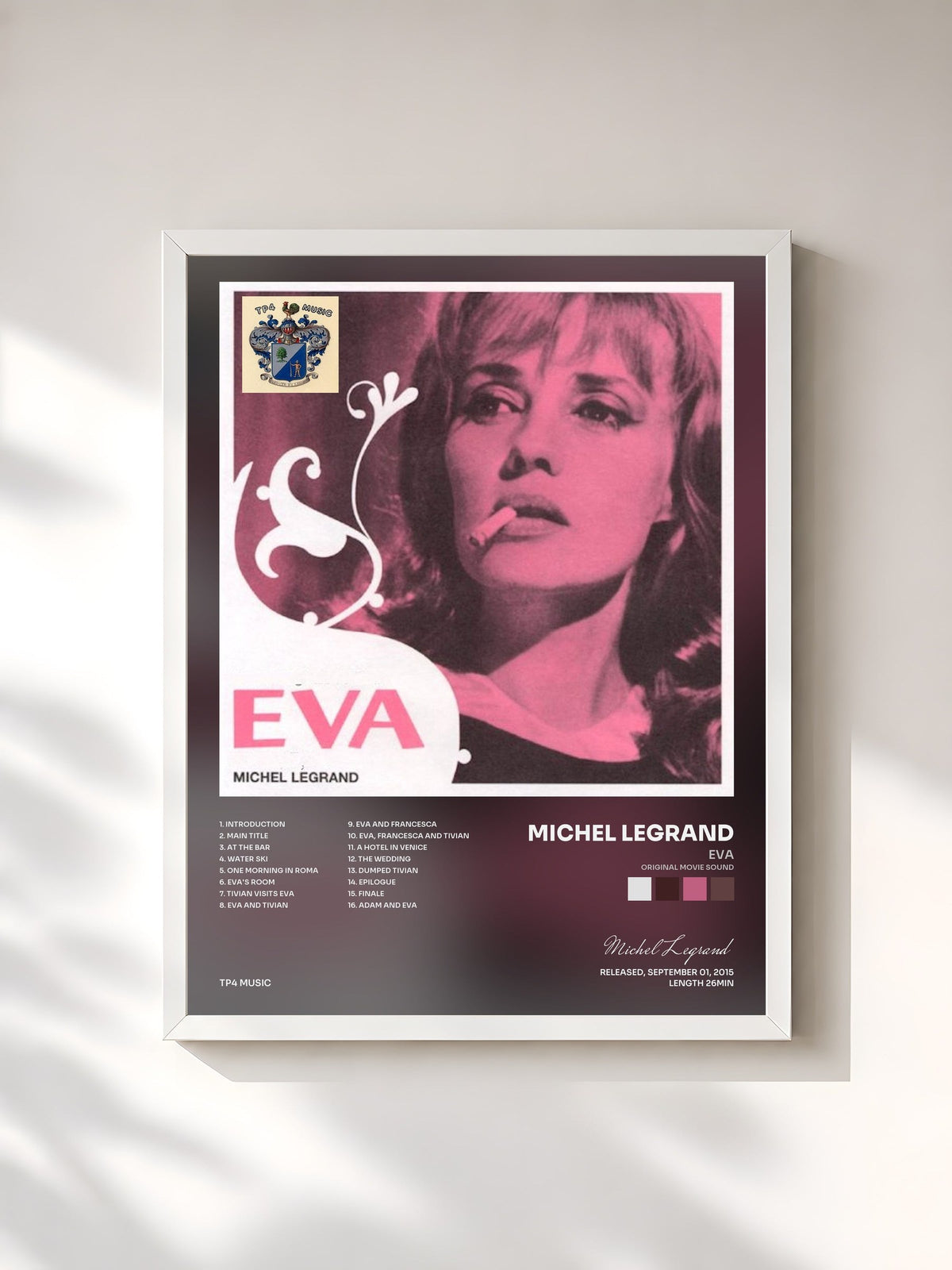 #blanc Eva (Original Movie Sound) di Michel Legrand in stampa incorniciata, cornice bianca, stampata e incorniciata in Francia