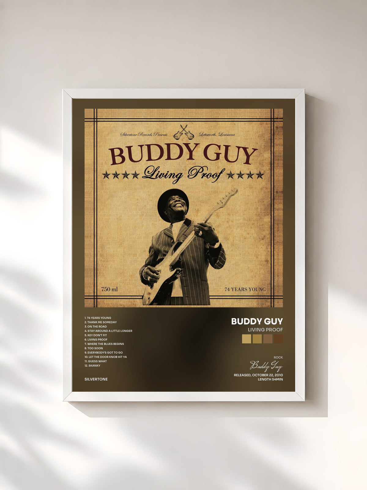 #blanc Living Proof de Buddy Guy en lámina enmarcada, marco blanco, impresa y enmarcada en Francia