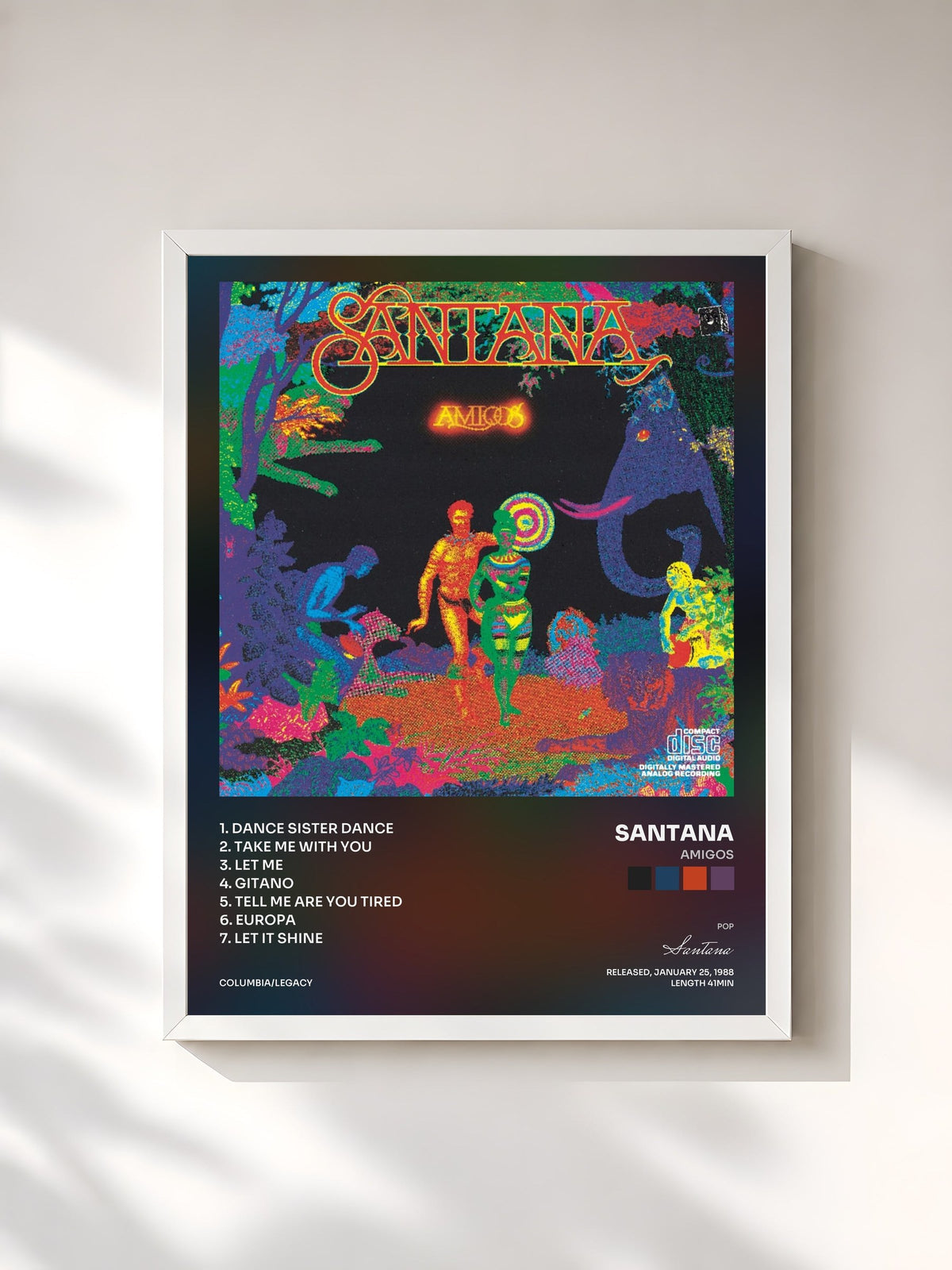 #blanc Tableau de l'album Amigos de Santana, cadre blanc, imprimé et encadré en France