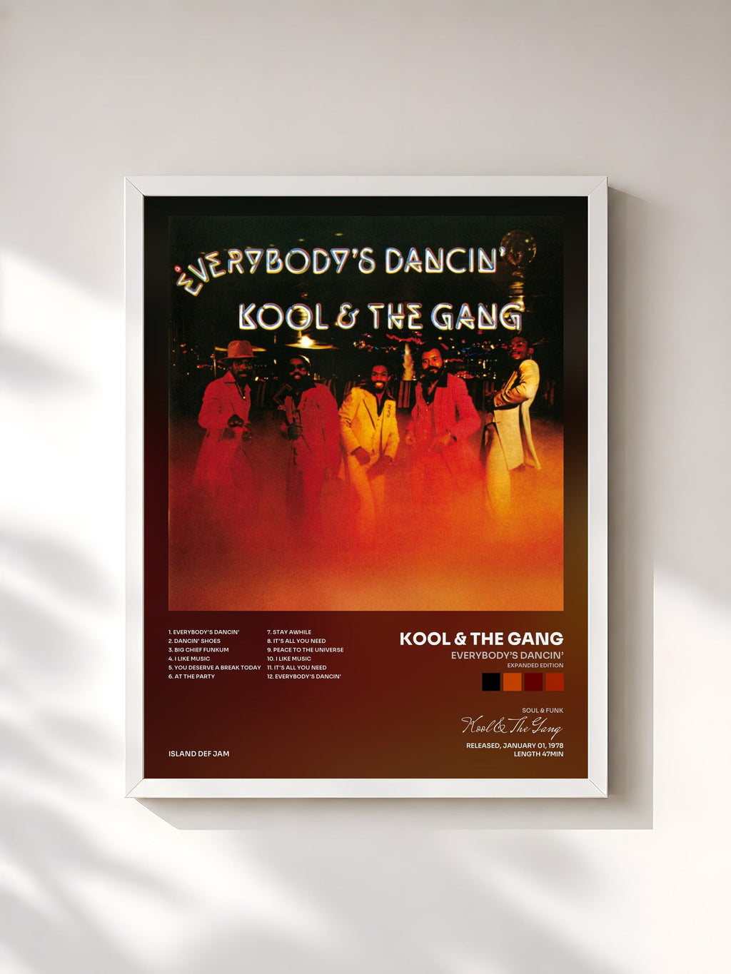 #blanc Everybody’s Dancin’ (Expanded Edition) de Kool & The Gang en lámina enmarcada, marco blanco, impresa y enmarcada en Francia