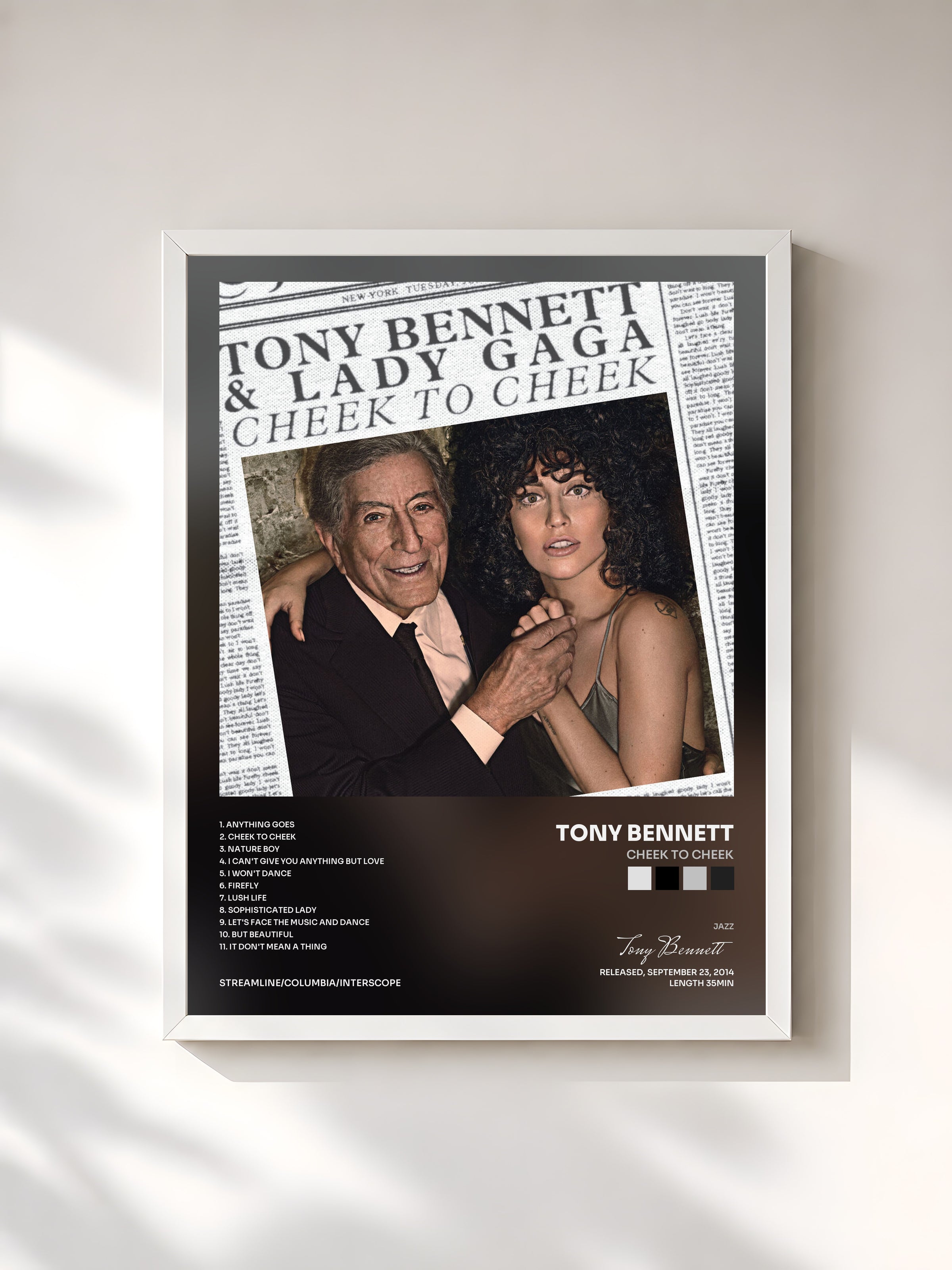 #blanc Tableau de l'album Cheek To Cheek de Tony Bennett, cadre blanc, imprimé et encadré en France