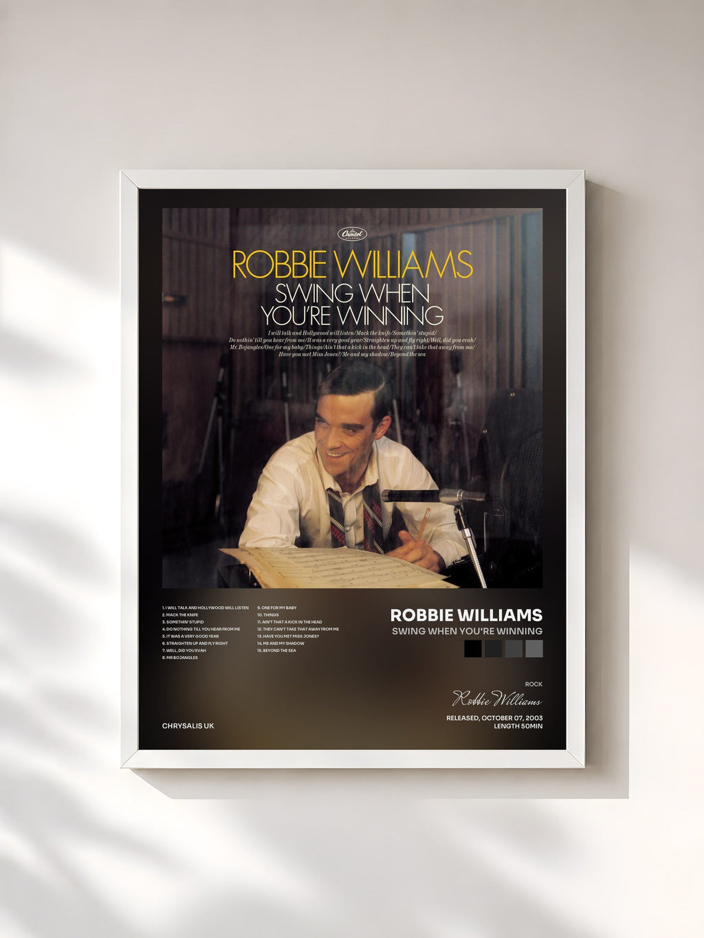#blanc Tableau de l'album Swing When You're Winning de Robbie Williams, cadre blanc, imprimé et encadré en France