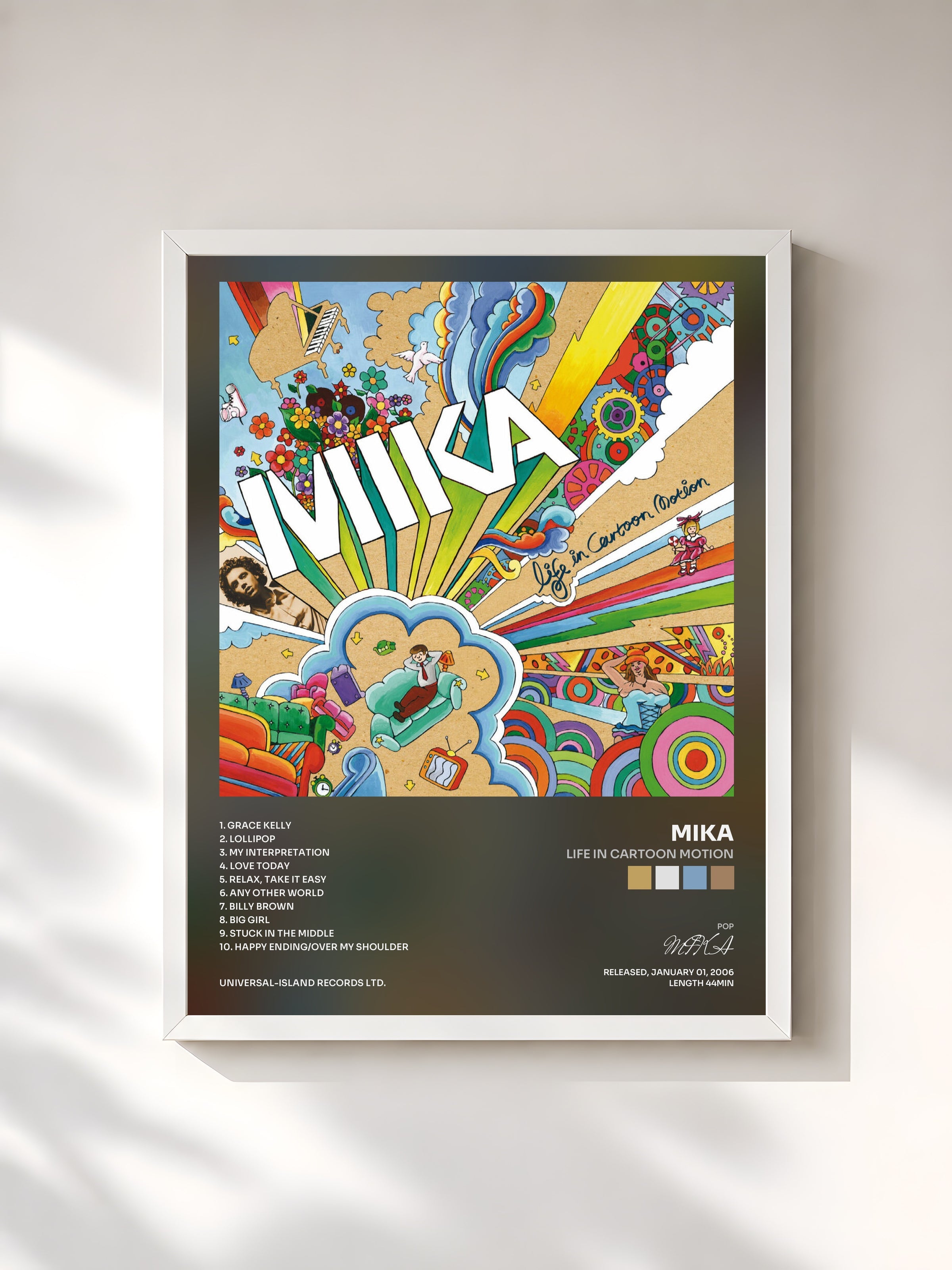 #blanc Tableau de l'album Life In Cartoon Motion de MIKA, cadre blanc, imprimé et encadré en France