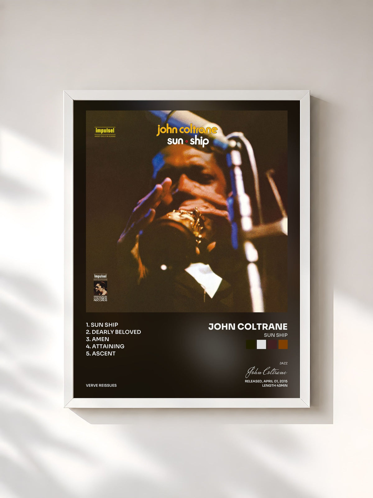 #blanc Tableau de l'album Sun Ship de John Coltrane, cadre blanc, imprimé et encadré en France