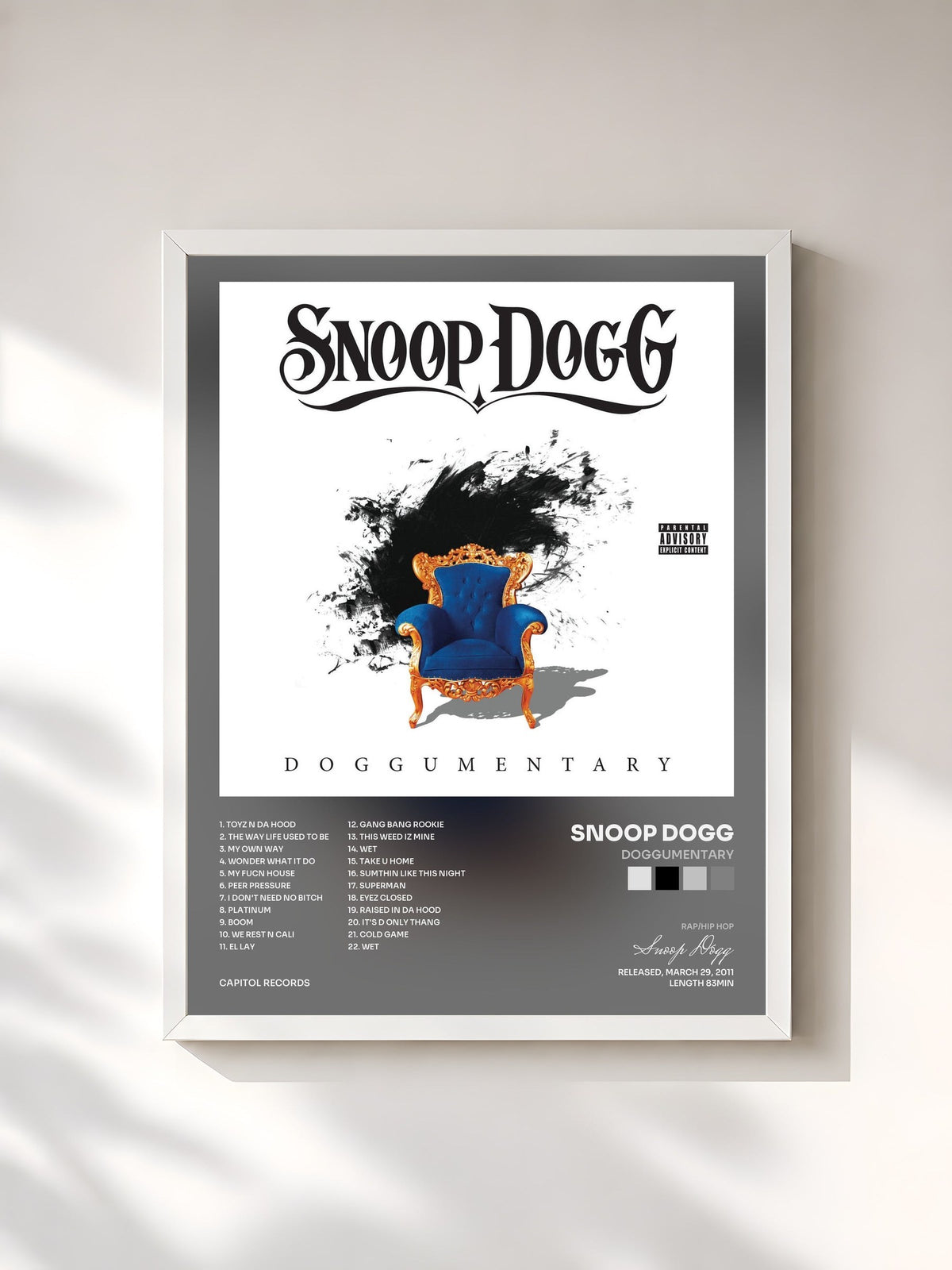 #blanc Tableau de l'album Doggumentary de Snoop Dogg, cadre blanc, imprimé et encadré en France