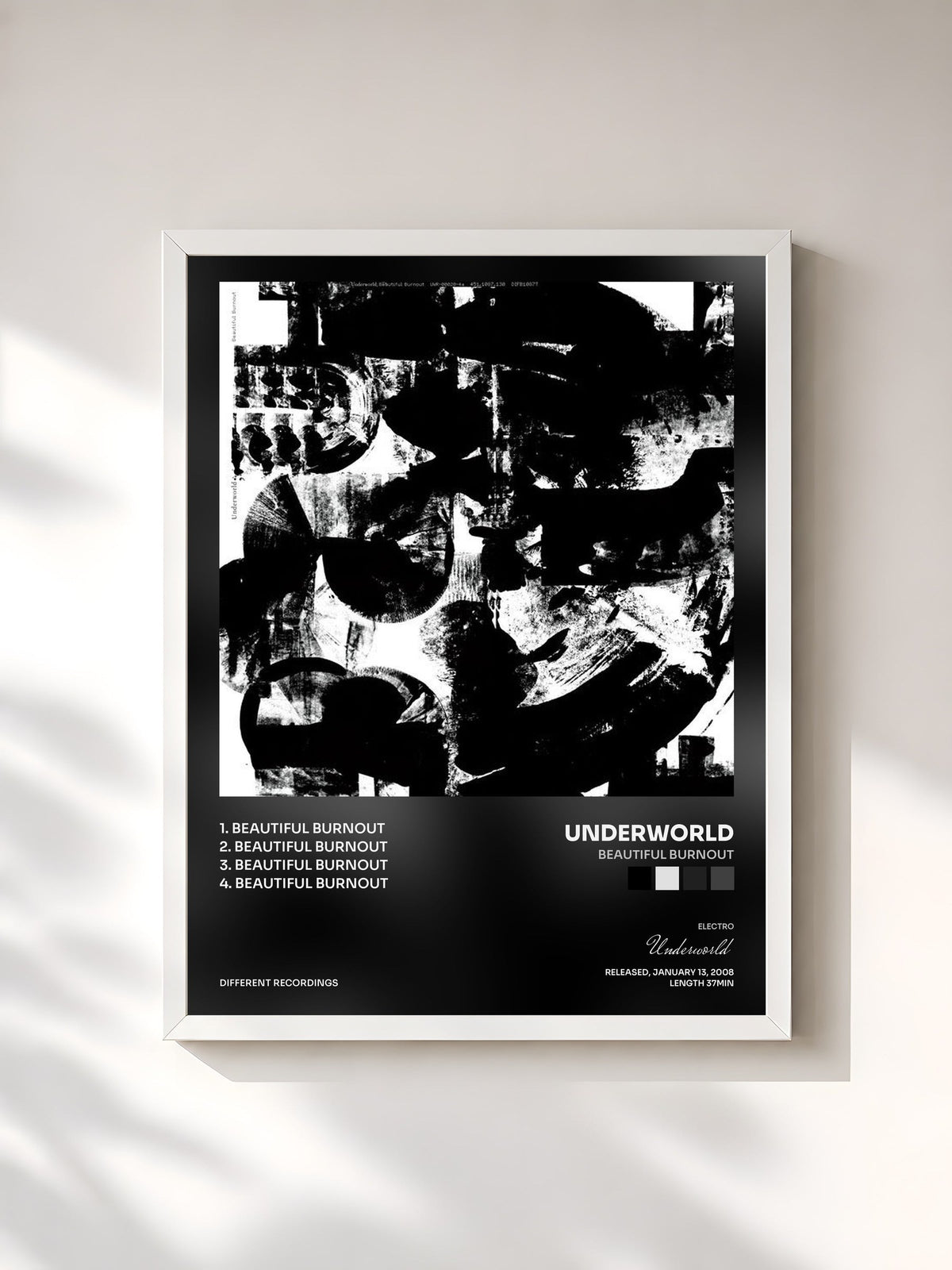 #blanc Tableau de l'album Beautiful Burnout de Underworld, cadre blanc, imprimé et encadré en France