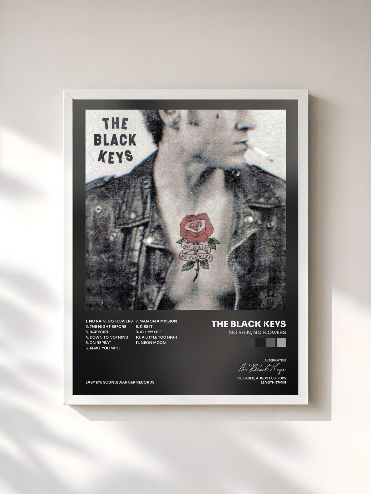 #blanc Tableau de l'album No Rain, No Flowers de The Black Keys, cadre blanc, imprimé et encadré en France