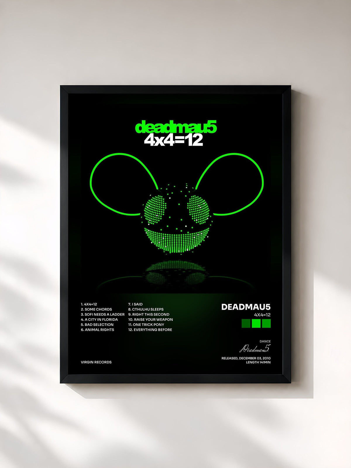 #noir Tableau de l'album 4x4=12 de Deadmau5, cadre noir, imprimé et encadré en France