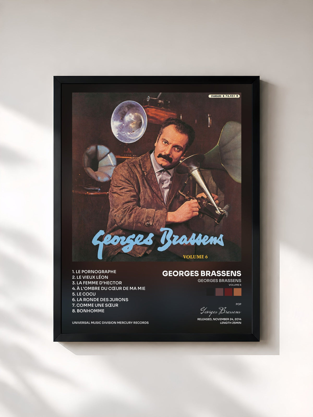 #noir Tableau de l'album Georges Brassens (Volume 6) de Georges Brassens, cadre noir, imprimé et encadré en France