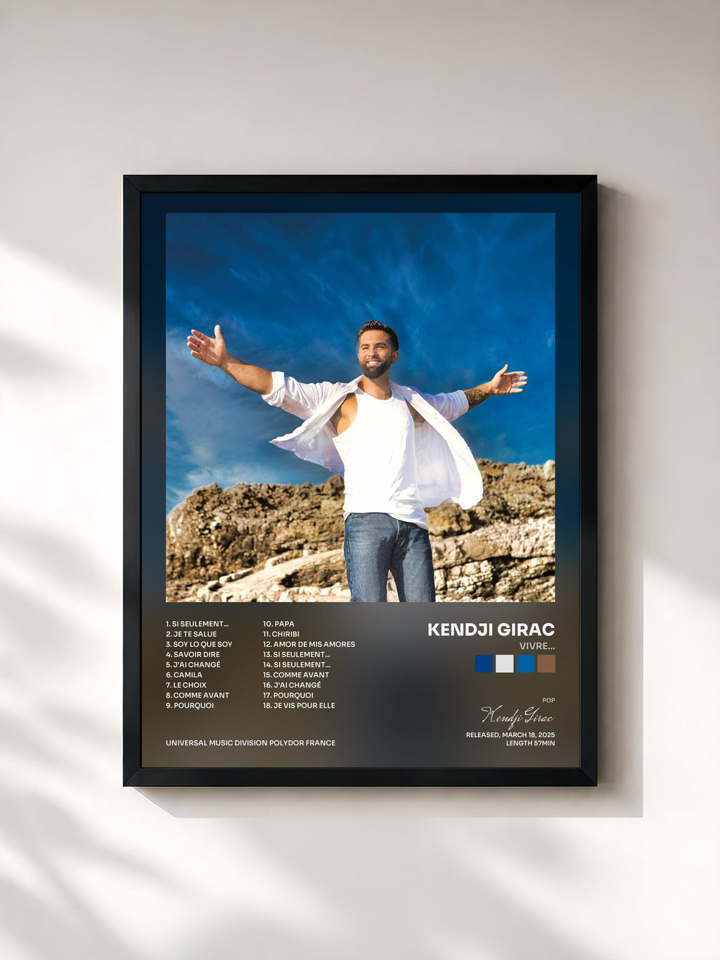 #noir Tableau de l'album Vivre... de Kendji Girac, cadre noir, imprimé et encadré en France