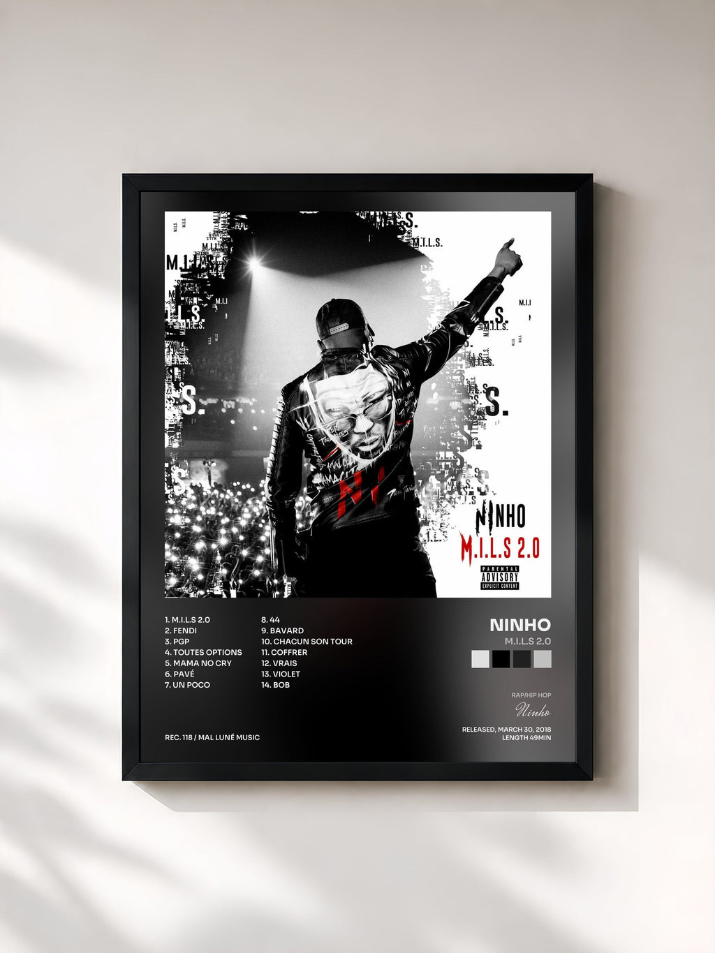 #noir Tableau de l'album M.I.L.S 2.0 de Ninho, cadre noir, imprimé et encadré en France