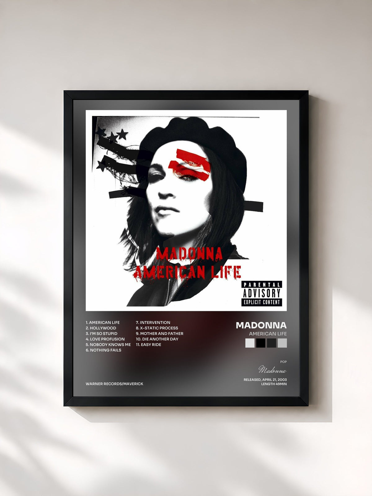#noir Tableau de l'album American Life de Madonna, cadre noir, imprimé et encadré en France