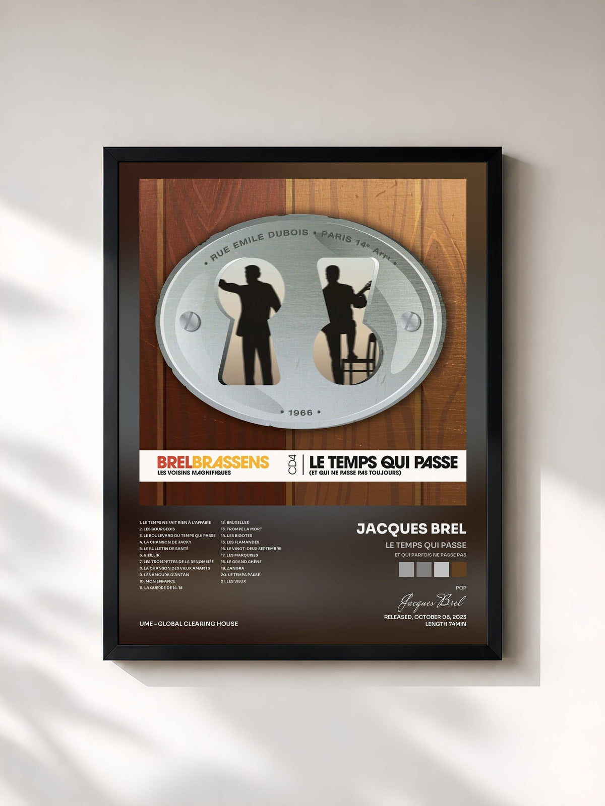 #noir Tableau de l'album Le temps qui passe (et qui parfois ne passe pas) de Jacques Brel, cadre noir, imprimé et encadré en France