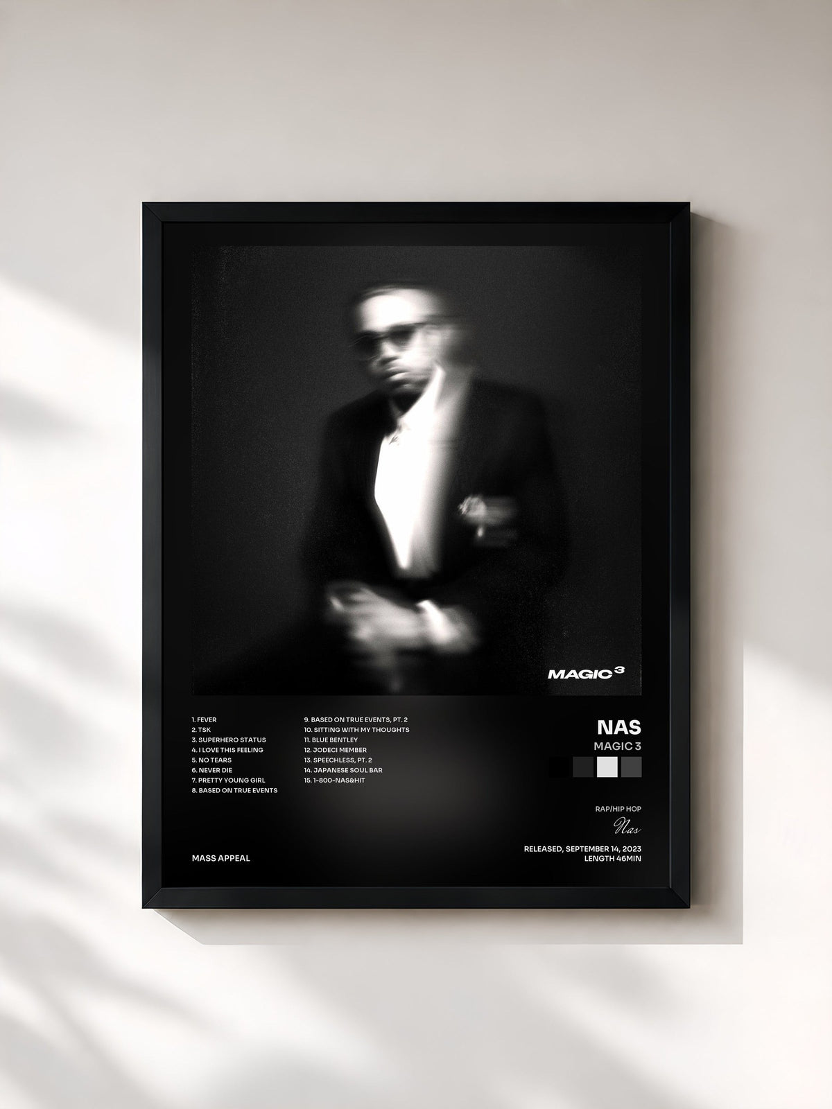 #noir Tableau de l'album Magic 3 de Nas, cadre noir, imprimé et encadré en France