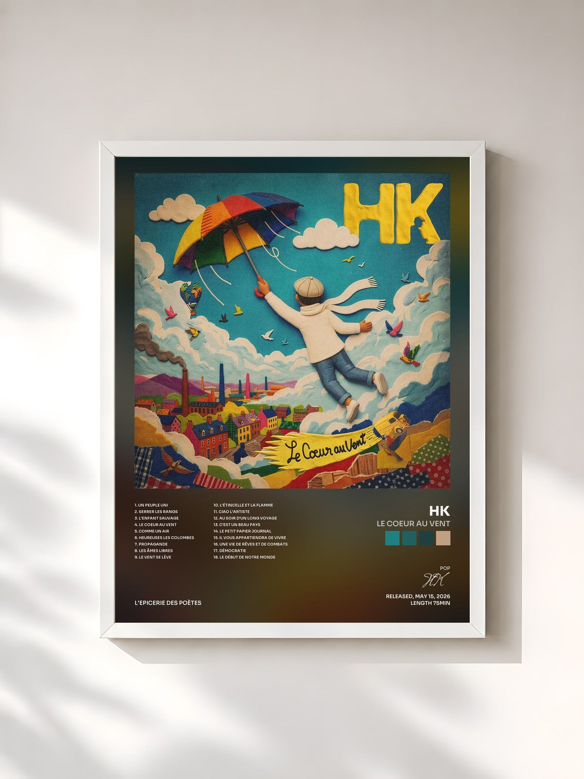 #blanc Tableau de l'album Le coeur au vent de HK, cadre blanc, imprimé et encadré en France