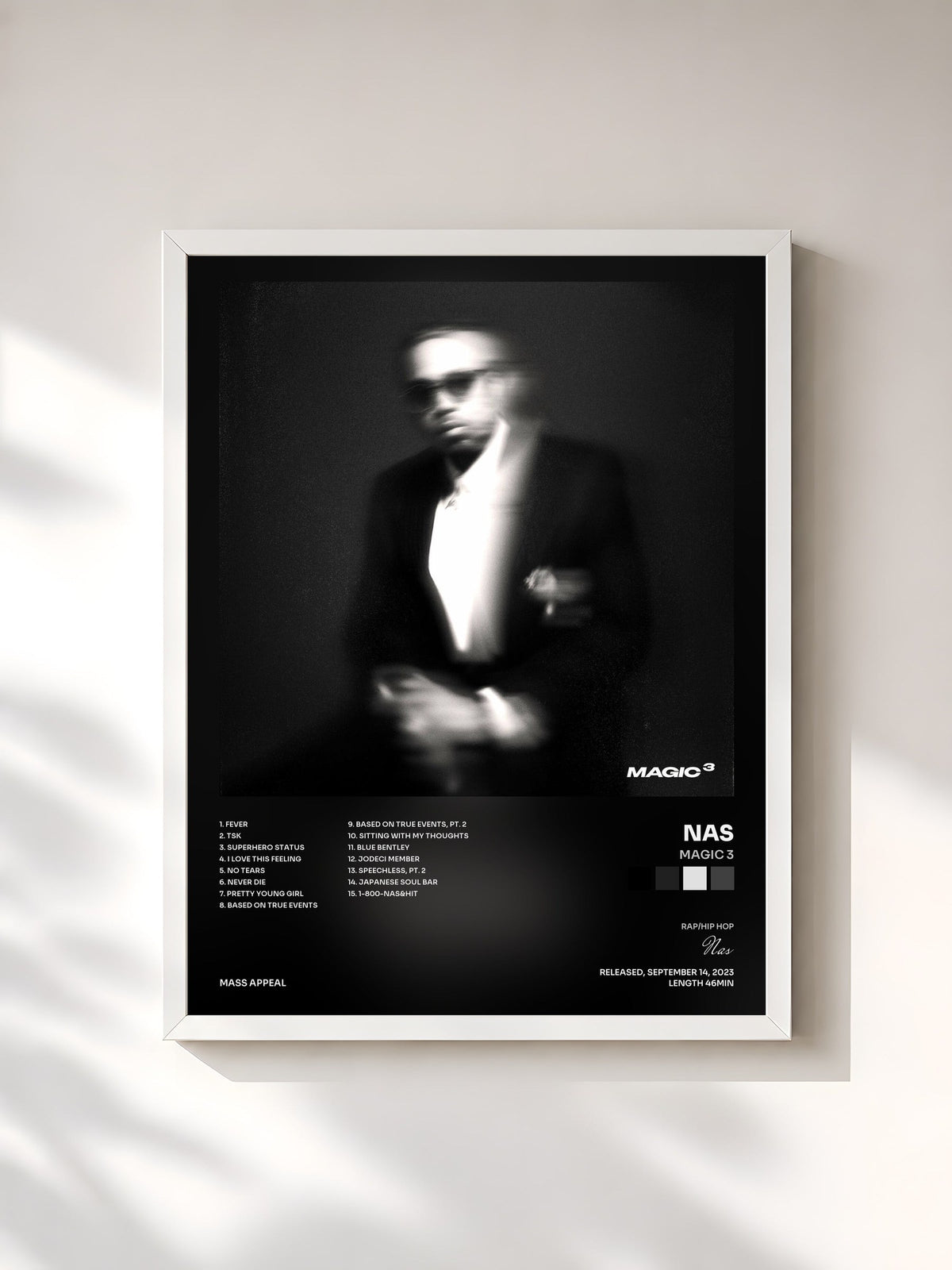 #blanc Tableau de l'album Magic 3 de Nas, cadre blanc, imprimé et encadré en France