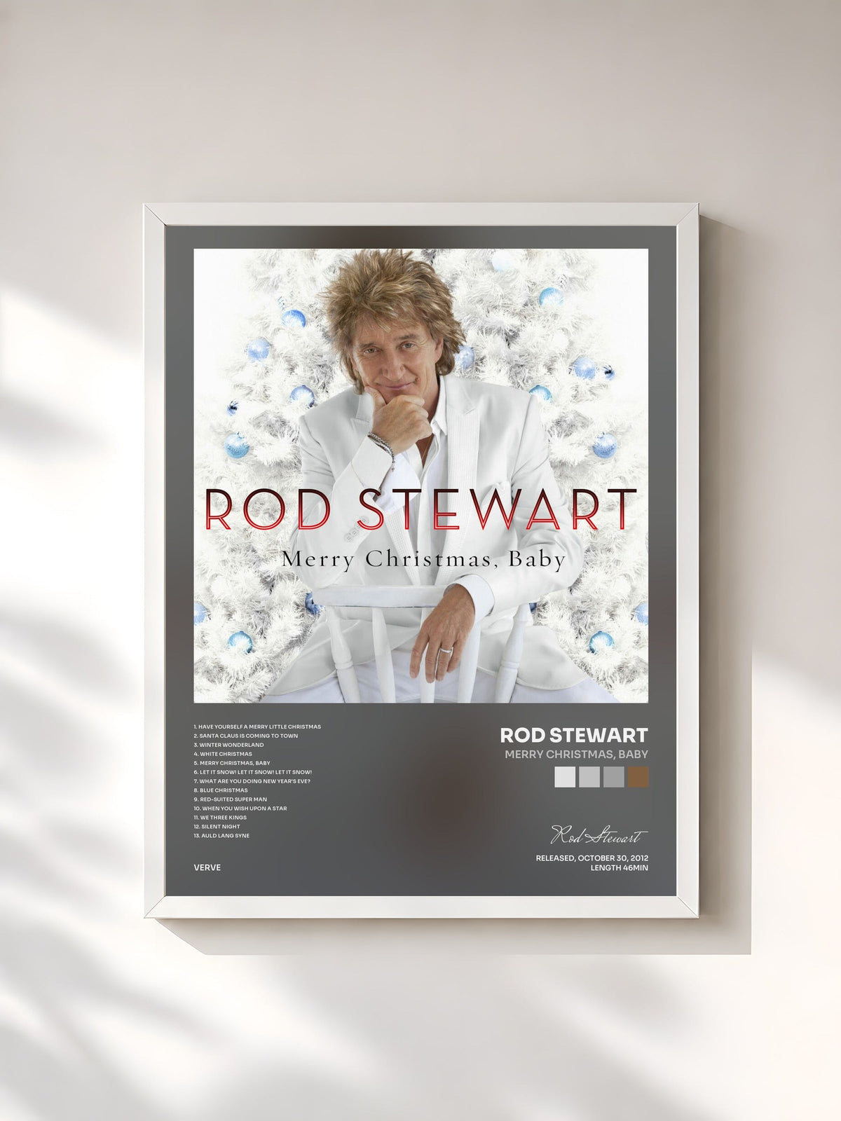 #blanc Merry Christmas, Baby de Rod Stewart en lámina enmarcada, marco blanco, impresa y enmarcada en Francia