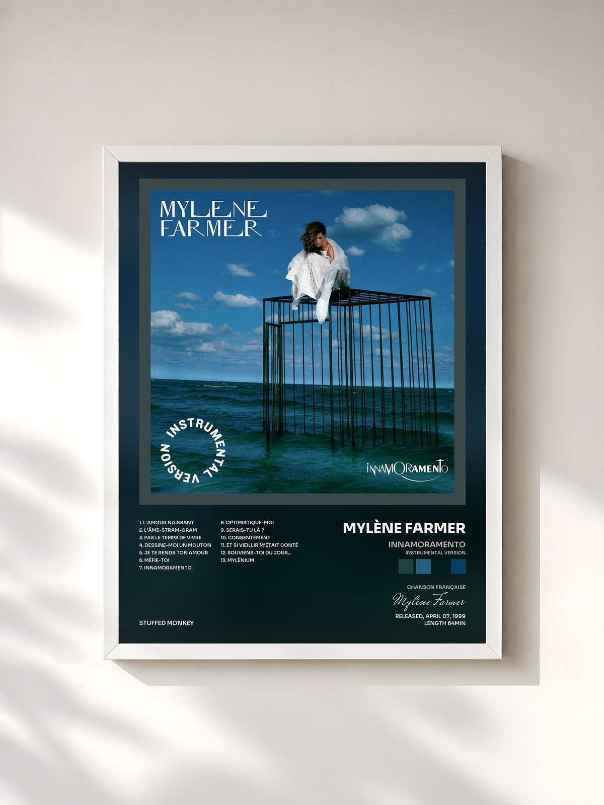 #blanc Tableau de l'album Innamoramento (Instrumental Version) de Mylène Farmer, cadre blanc, imprimé et encadré en France