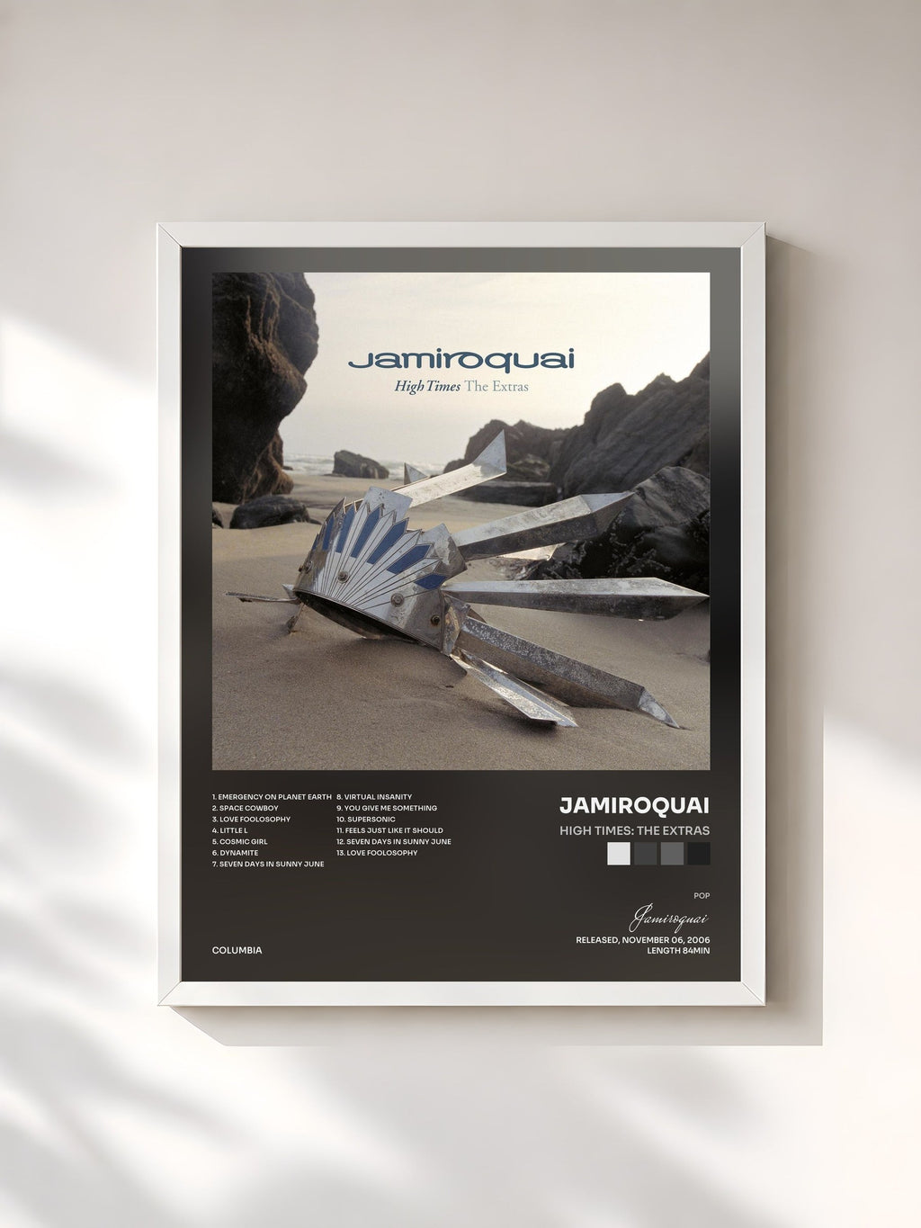 #blanc Tableau de l'album High Times: The Extras de Jamiroquai, cadre blanc, imprimé et encadré en France