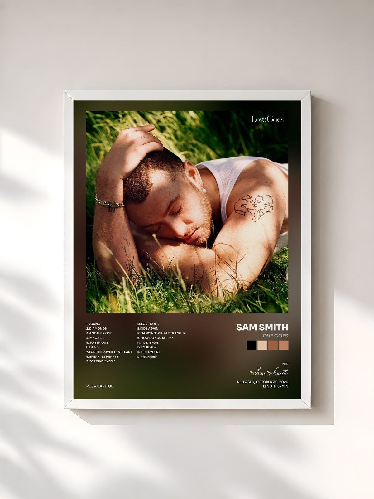 #blanc Tableau de l'album Love Goes de Sam Smith, cadre blanc, imprimé et encadré en France