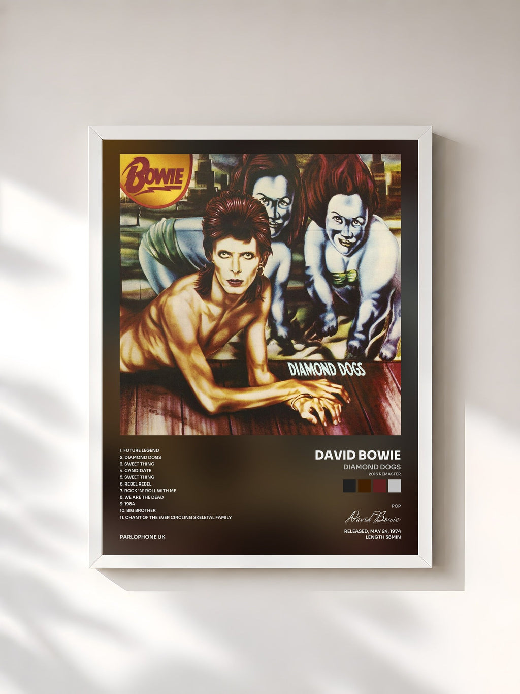 #blanc Tableau de l'album Diamond Dogs (2016 Remaster) de David Bowie, cadre blanc, imprimé et encadré en France