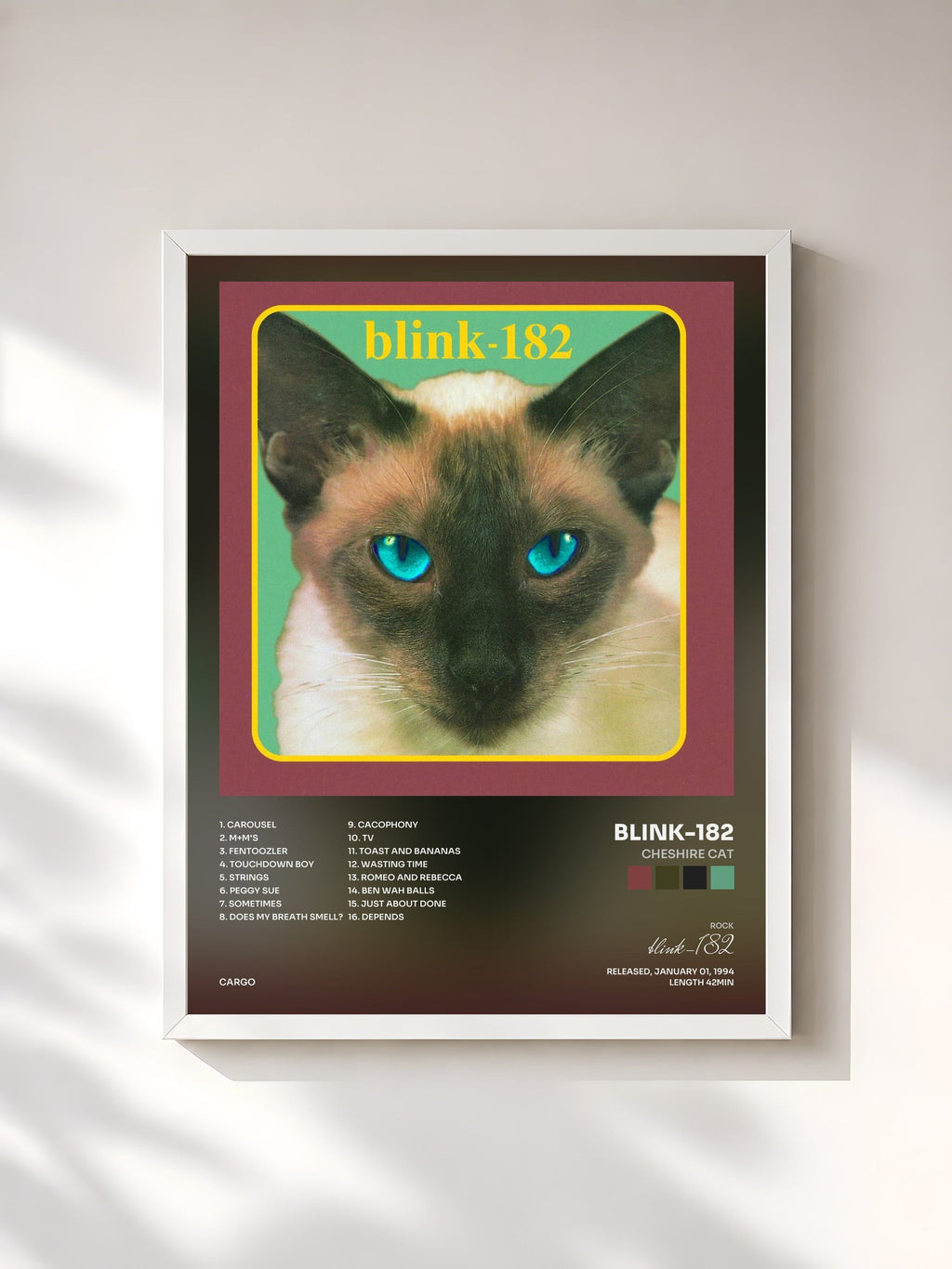 #blanc Tableau de l'album Cheshire Cat de blink-182, cadre blanc, imprimé et encadré en France