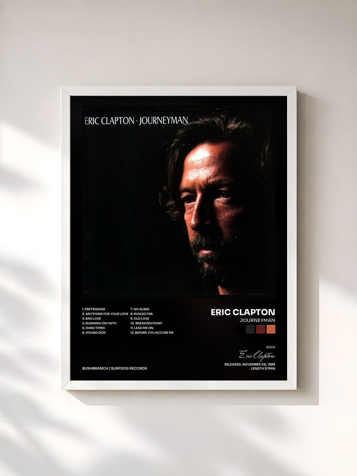 #blanc Journeyman di Eric Clapton in stampa incorniciata, cornice bianca, stampata e incorniciata in Francia