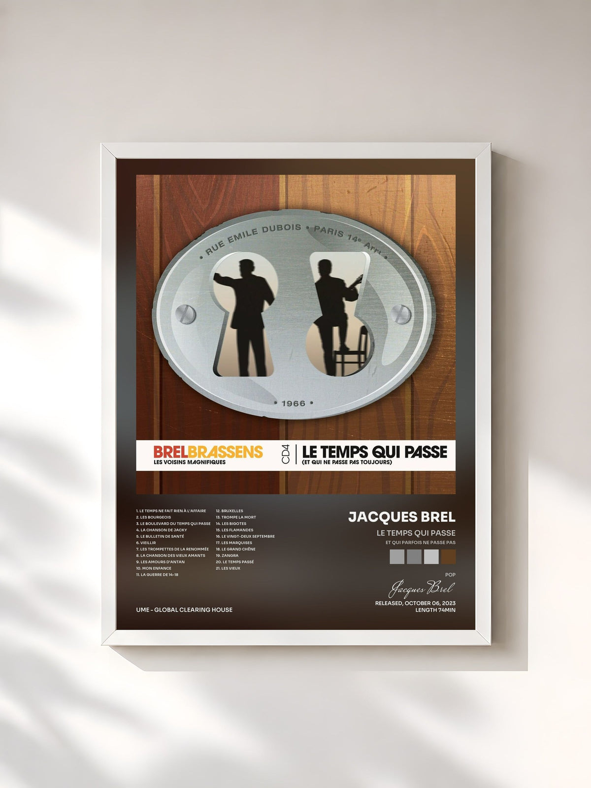 #blanc Tableau de l'album Le temps qui passe (et qui parfois ne passe pas) de Jacques Brel, cadre blanc, imprimé et encadré en France