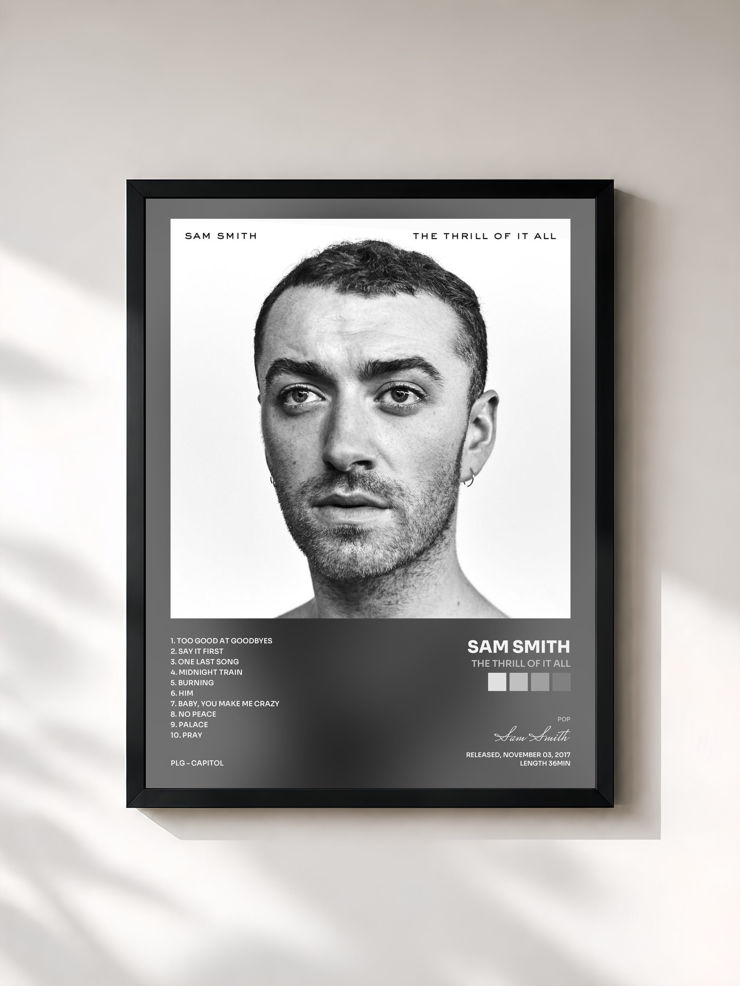 #noir Tableau de l'album The Thrill Of It All de Sam Smith, cadre noir, imprimé et encadré en France