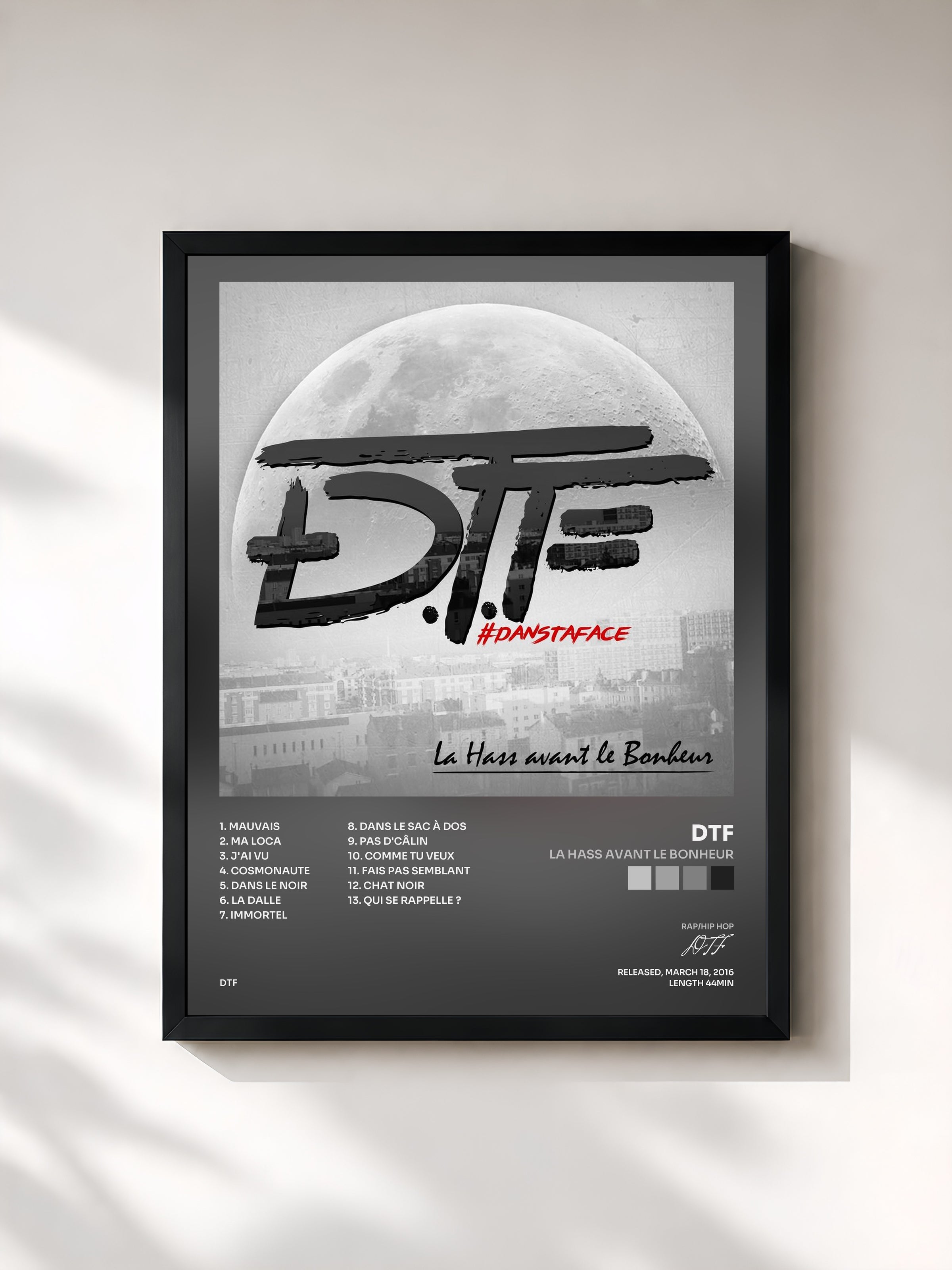 #noir Tableau de l'album La hass avant le bonheur de DTF, cadre noir, imprimé et encadré en France