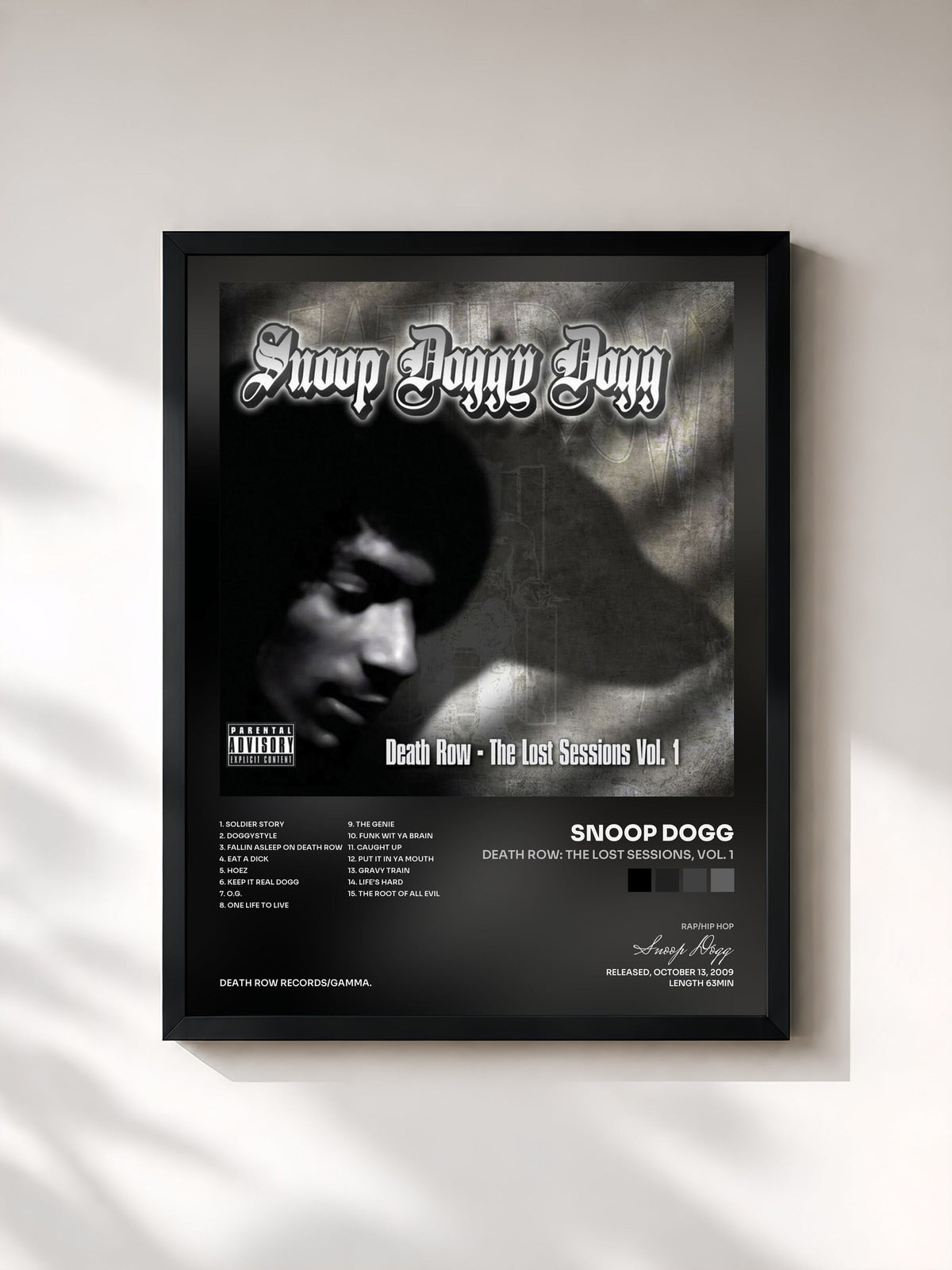 #noir Tableau de l'album Death Row: The Lost Sessions, Vol. 1 de Snoop Dogg, cadre noir, imprimé et encadré en France