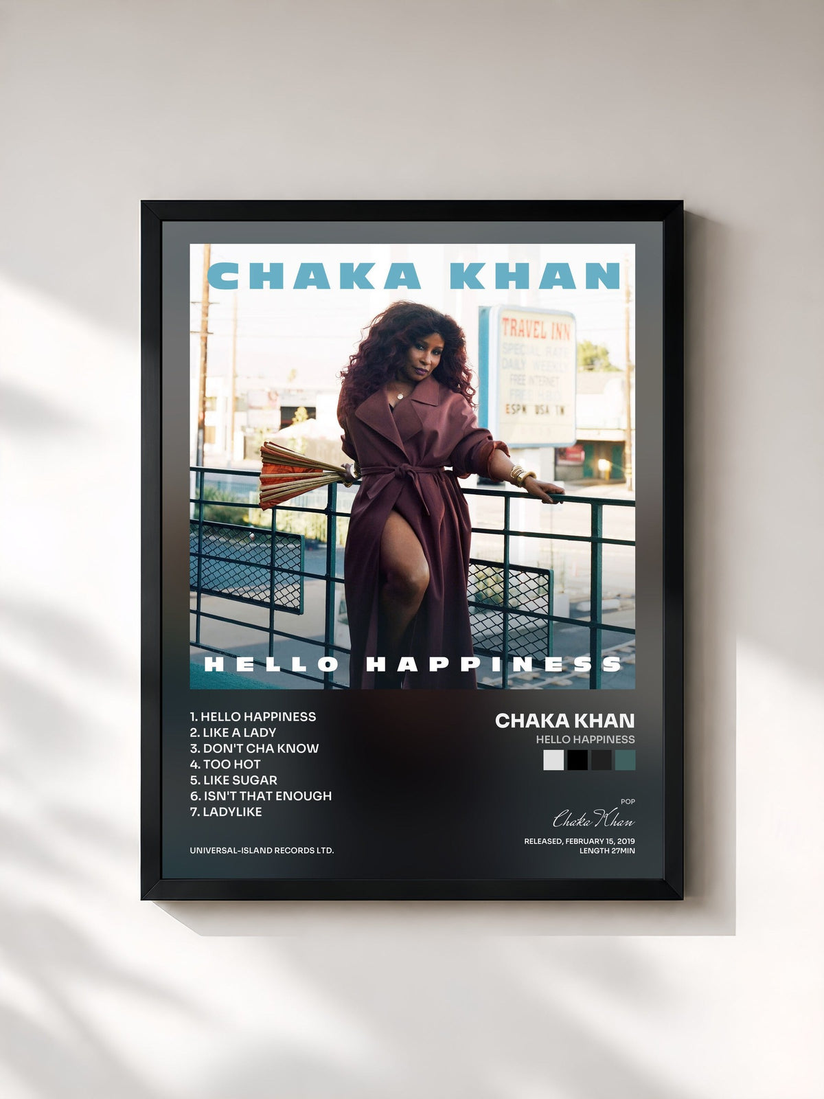#noir Tableau de l'album Hello Happiness de Chaka Khan, cadre noir, imprimé et encadré en France