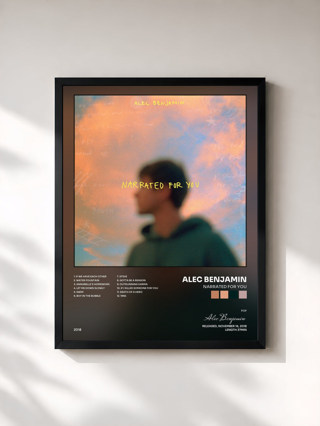 #noir Tableau de l'album Narrated For You de Alec Benjamin, cadre noir, imprimé et encadré en France