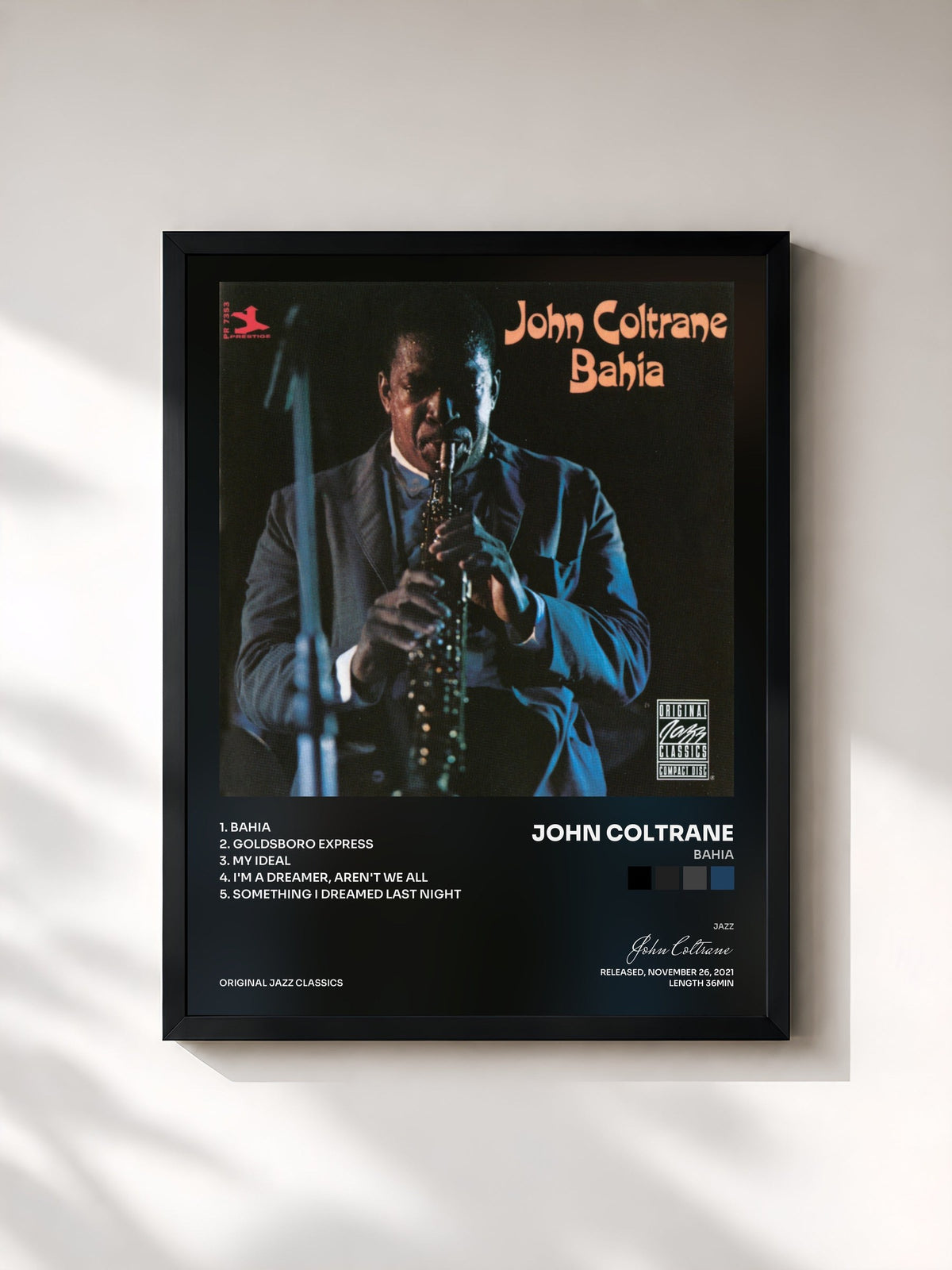 #noir Tableau de l'album Bahia de John Coltrane, cadre noir, imprimé et encadré en France