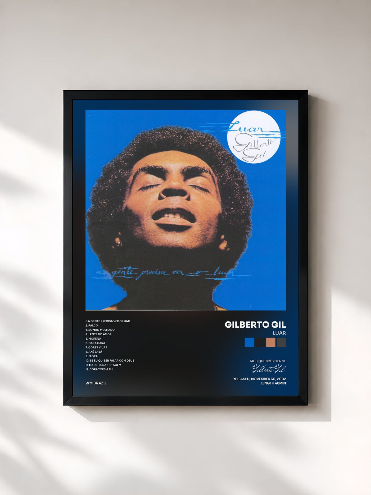#noir Tableau de l'album Luar de Gilberto Gil, cadre noir, imprimé et encadré en France