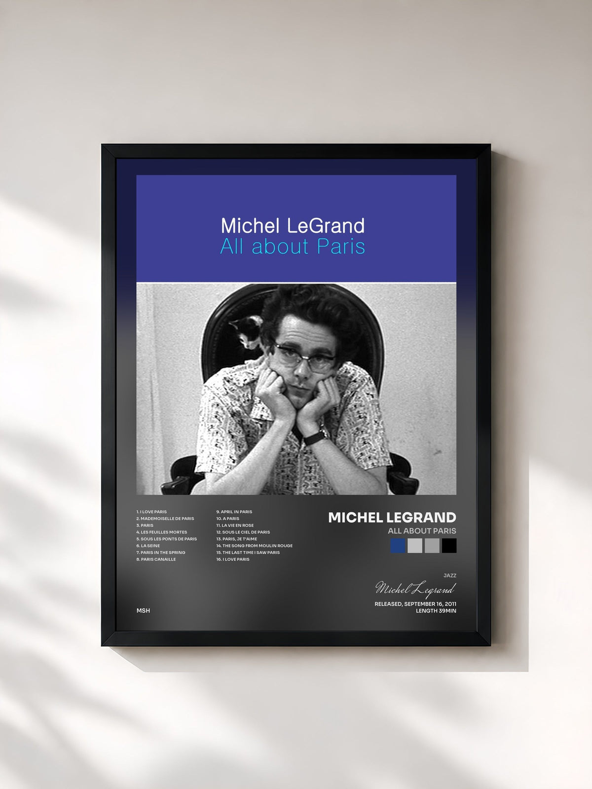 #noir Tableau de l'album All About Paris de Michel Legrand, cadre noir, imprimé et encadré en France