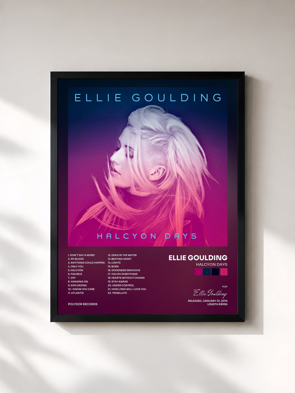 #noir Tableau de l'album Halcyon Days de Ellie Goulding, cadre noir, imprimé et encadré en France