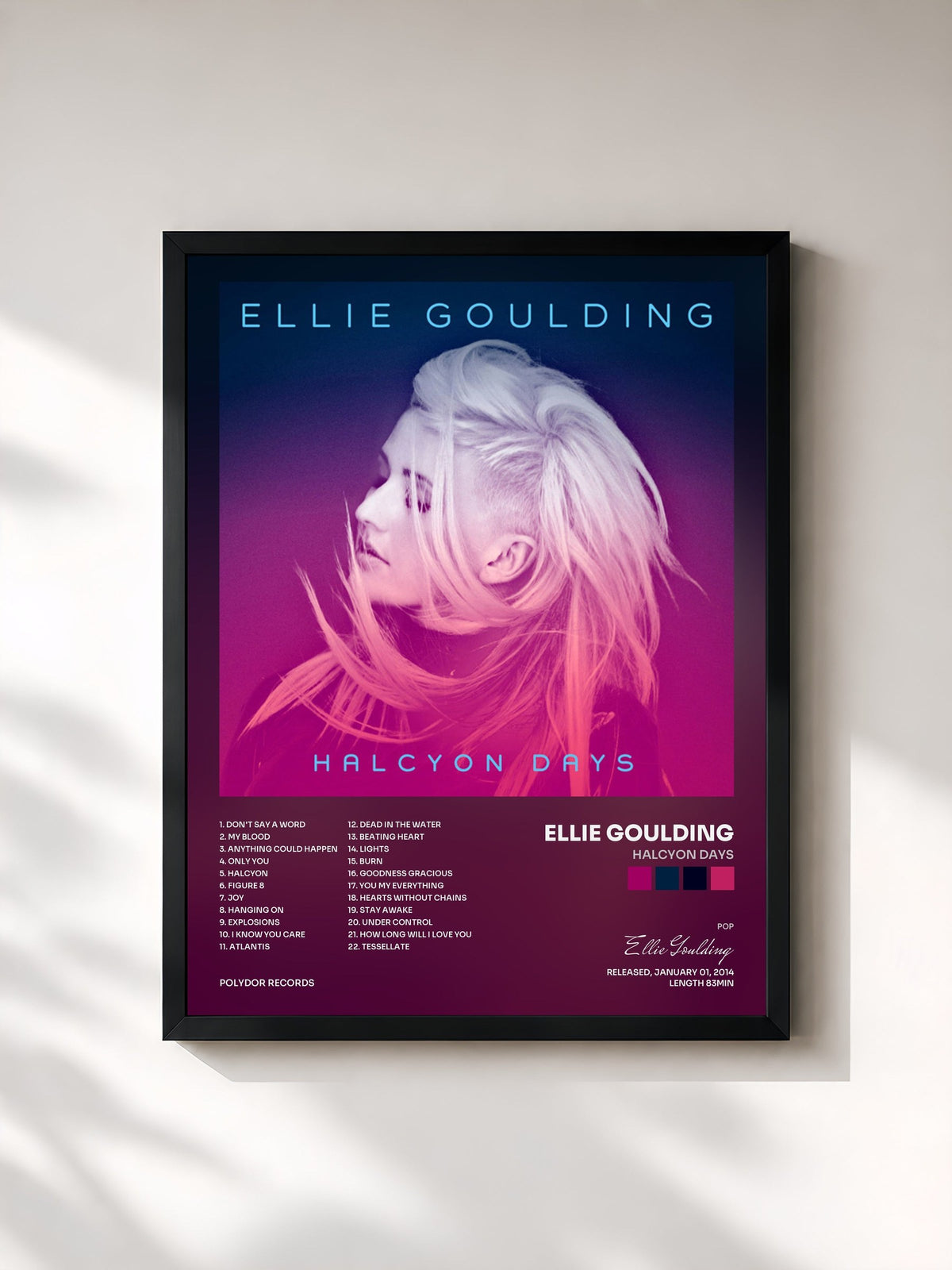 #noir Tableau de l'album Halcyon Days de Ellie Goulding, cadre noir, imprimé et encadré en France