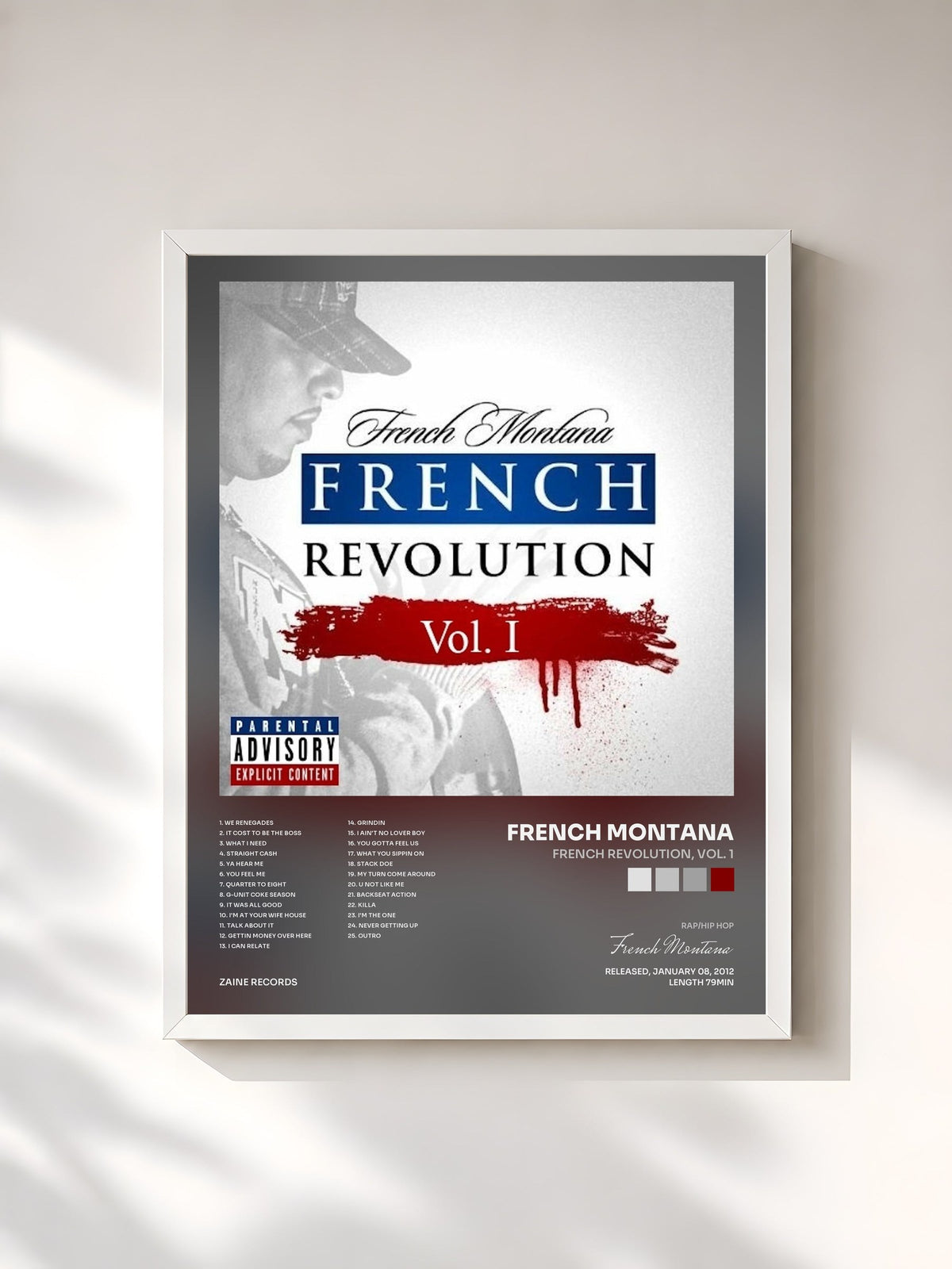 #blanc Tableau de l'album French Revolution, Vol. 1 de French Montana, cadre blanc, imprimé et encadré en France