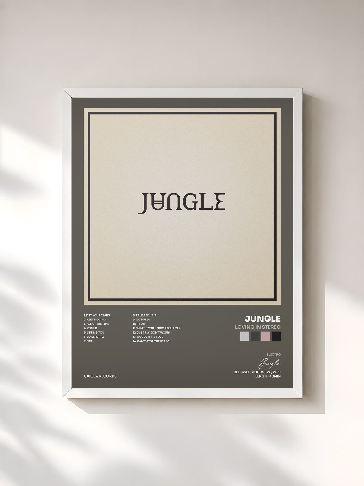 #blanc Tableau de l'album Loving In Stereo de Jungle, cadre blanc, imprimé et encadré en France