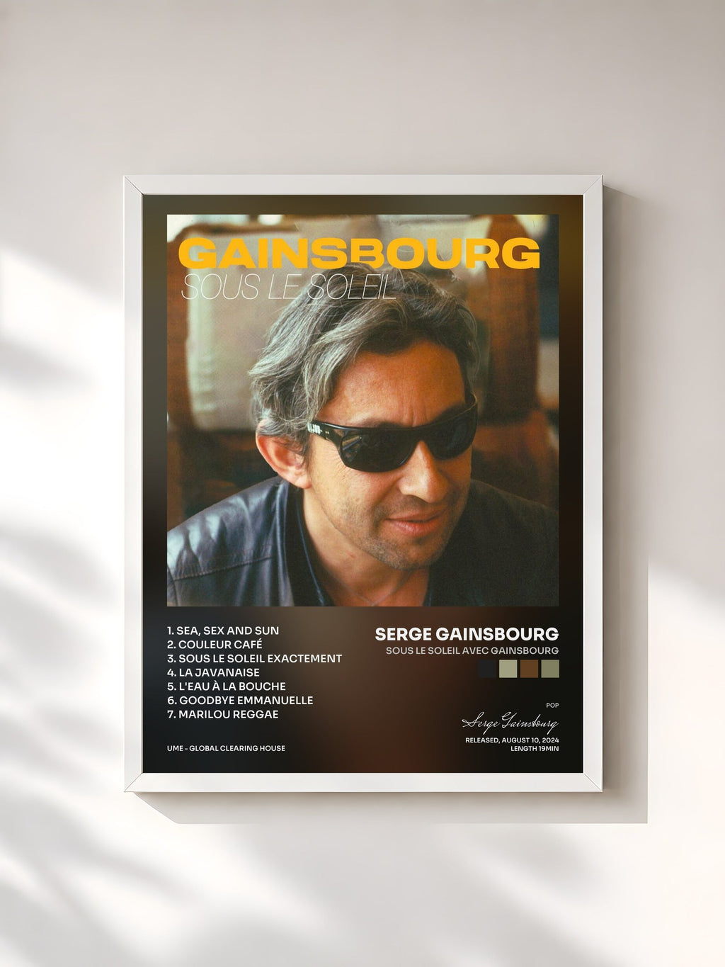 #blanc Tableau de l'album Sous le soleil avec Gainsbourg de Serge Gainsbourg, cadre blanc, imprimé et encadré en France
