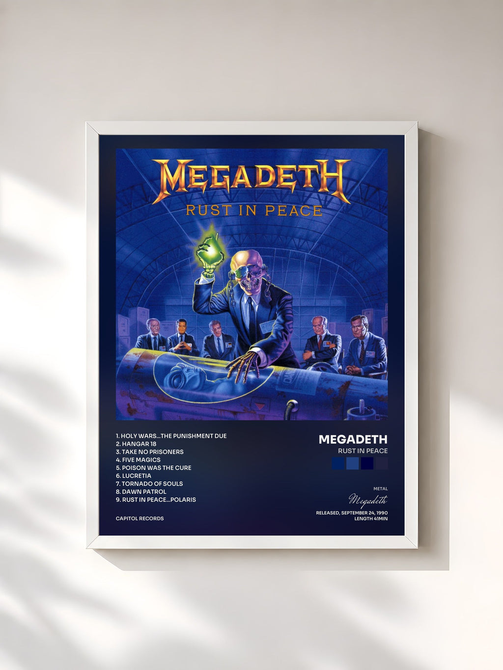 #blanc Tableau de l'album Rust In Peace de Megadeth, cadre blanc, imprimé et encadré en France